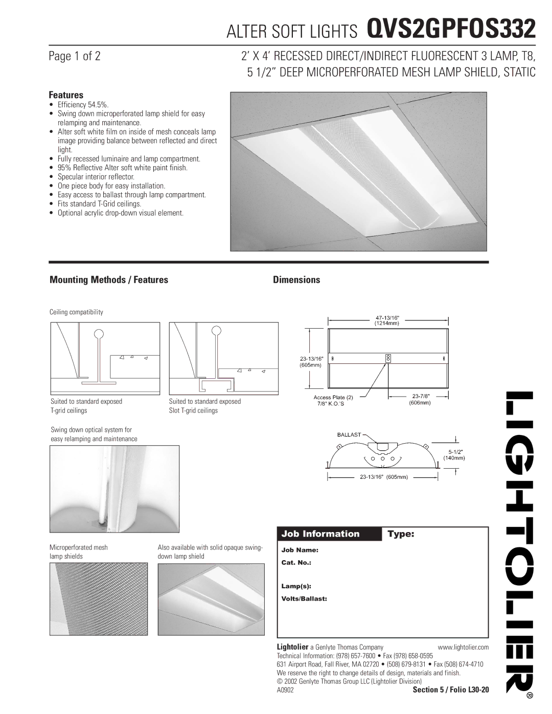 Lightolier QVS2GPFOS332 dimensions Mounting Methods / Features 