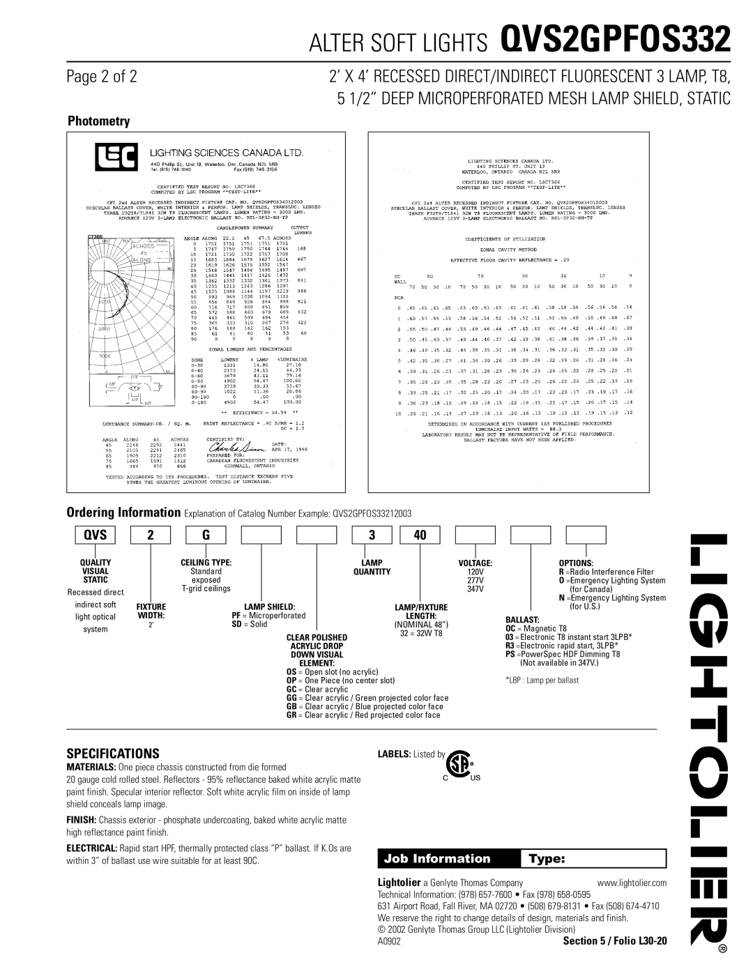 Lightolier QVS2GPFOS332 dimensions Qvs, Specifications 