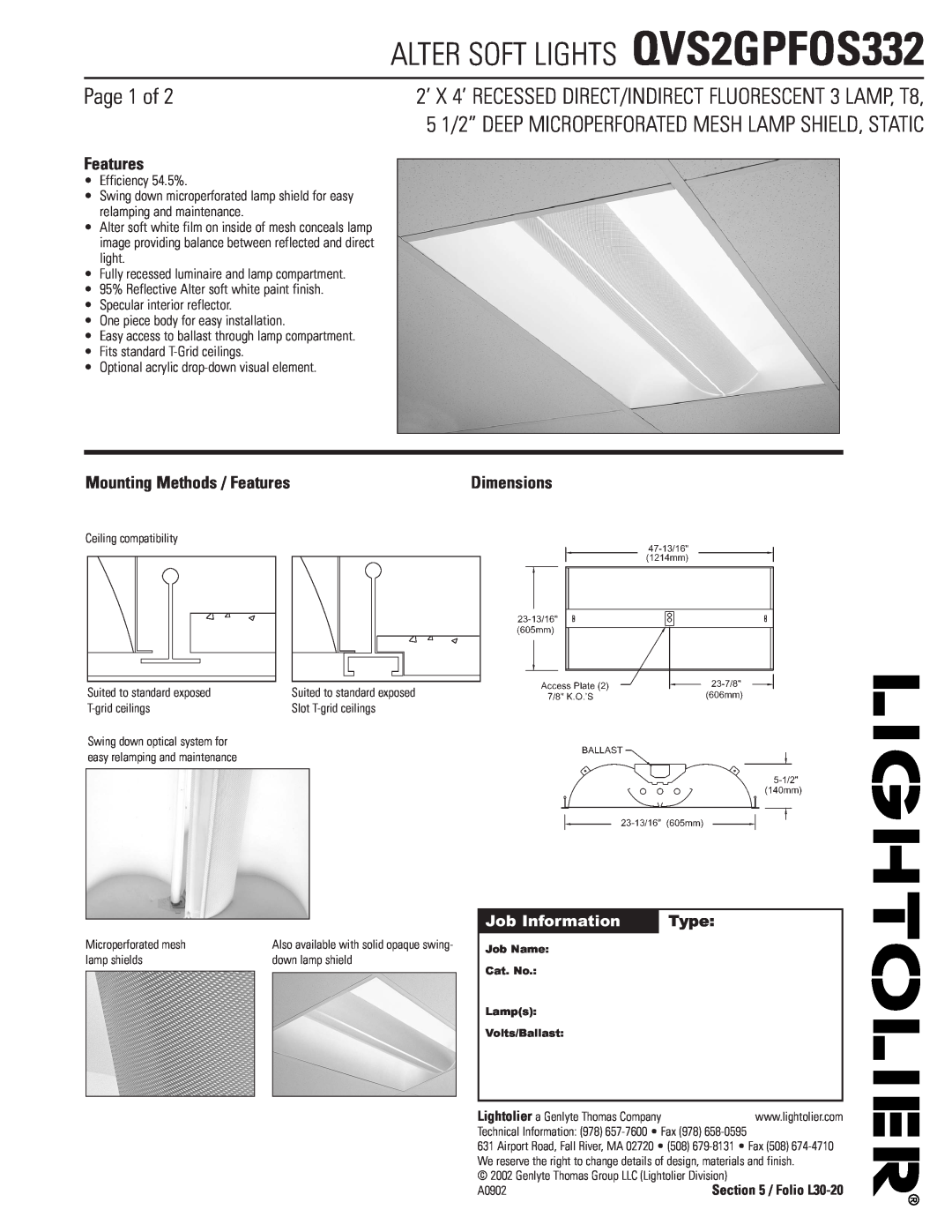 Lightolier dimensions ALTER SOFT LIGHTS QVS2GPFOS332, Page 1 of, Mounting Methods / Features 