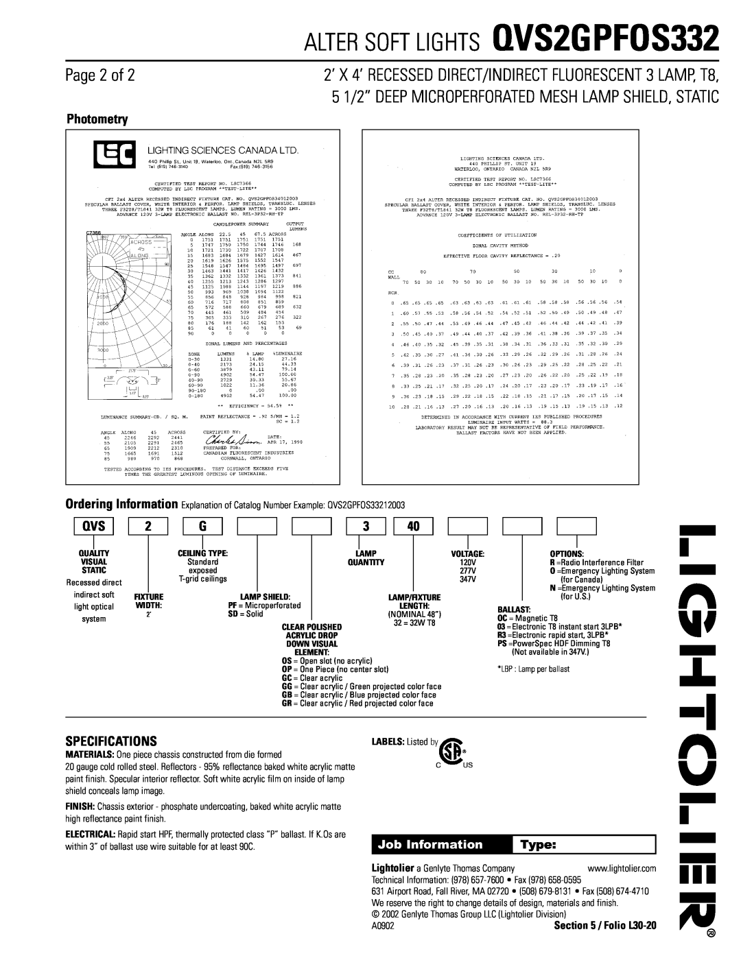 Lightolier dimensions ALTER SOFT LIGHTS QVS2GPFOS332, Page 2 of, Photometry, Specifications 