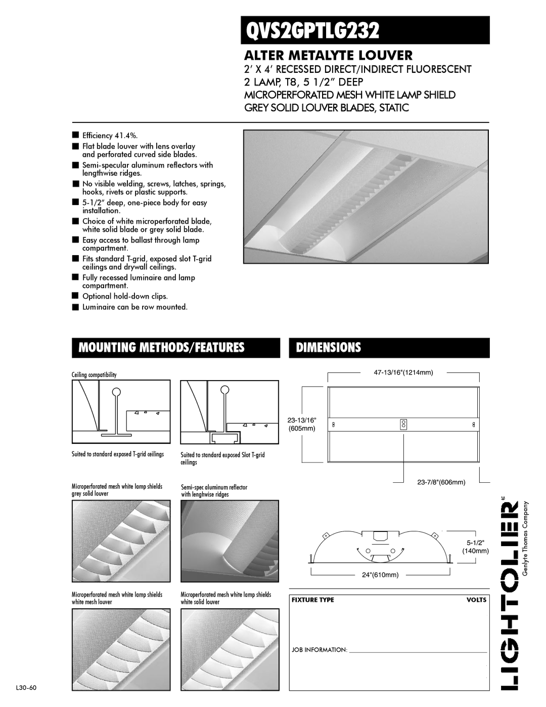 Lightolier QVS2GPTLG232 dimensions Alter Metalyte Louver, Mounting METHODS/FEATURES 