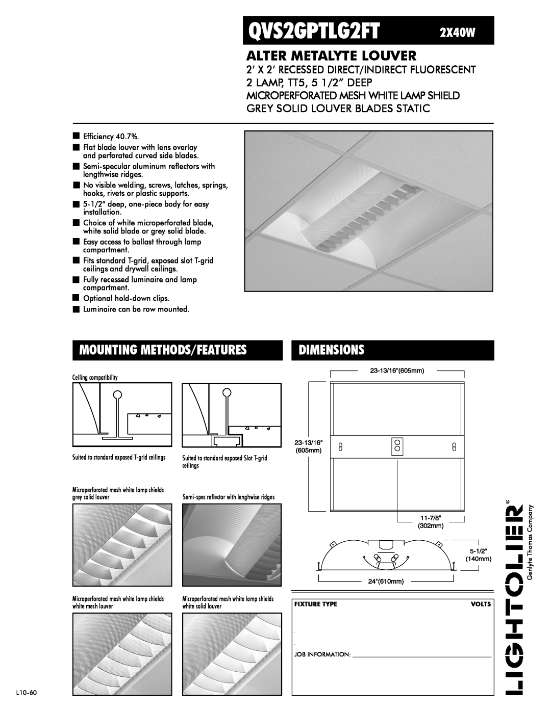 Lightolier dimensions Efficiency 40.7%, Mounting Methods/Features, Dimensions, QVS2GPTLG2FT 2X40W 