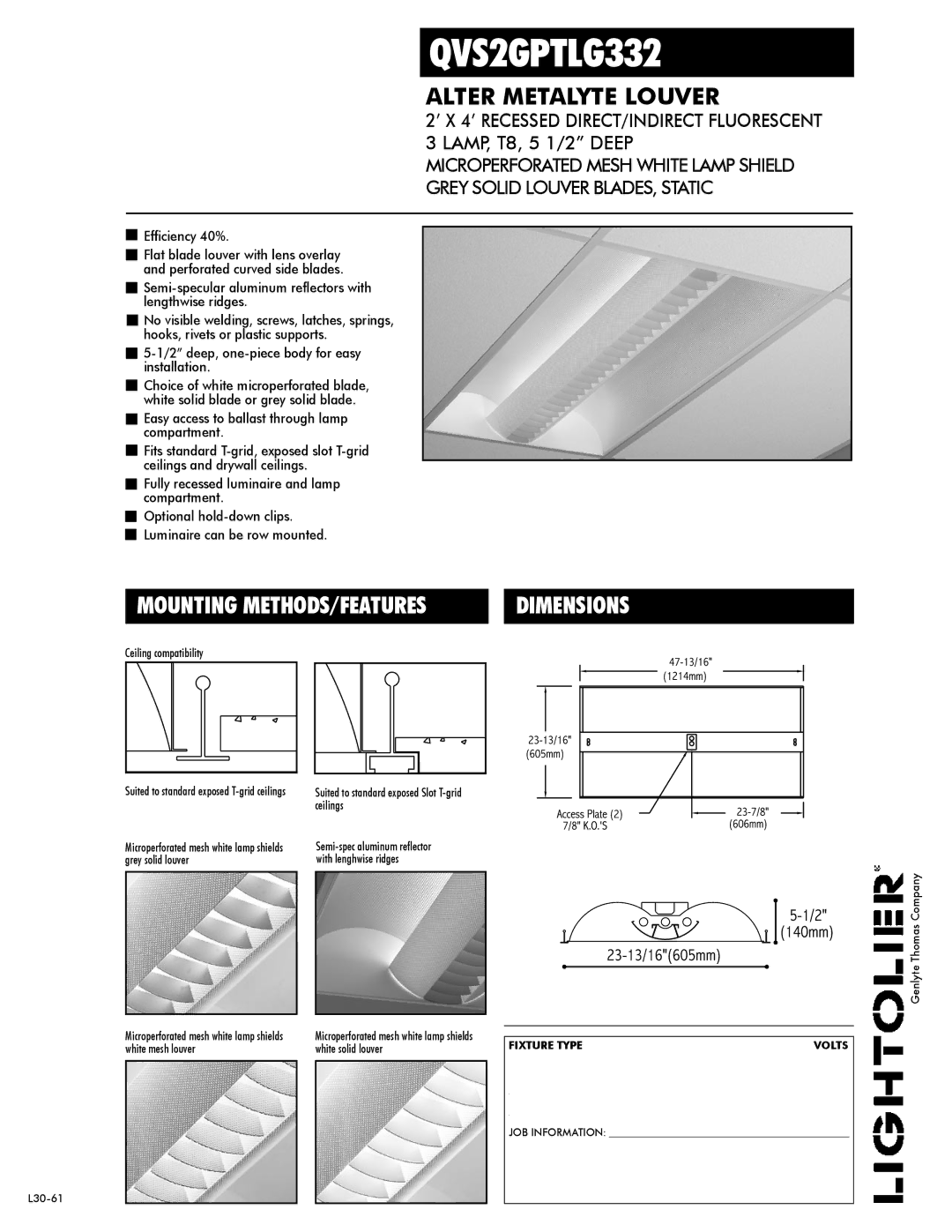 Lightolier QVS2GPTLG332 dimensions Ceiling compatibility, Suited to standard exposed T-grid ceilings 