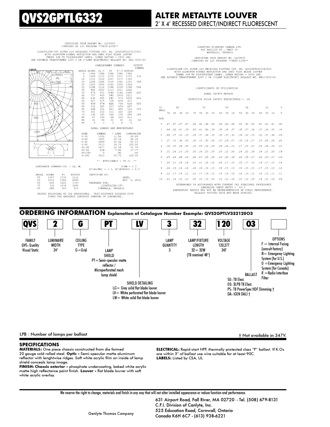 Lightolier QVS2GPTLG332 dimensions QVS Quality, Visual Static, Lamp shield, 32= 32W, Consult factory, 347, Filter 