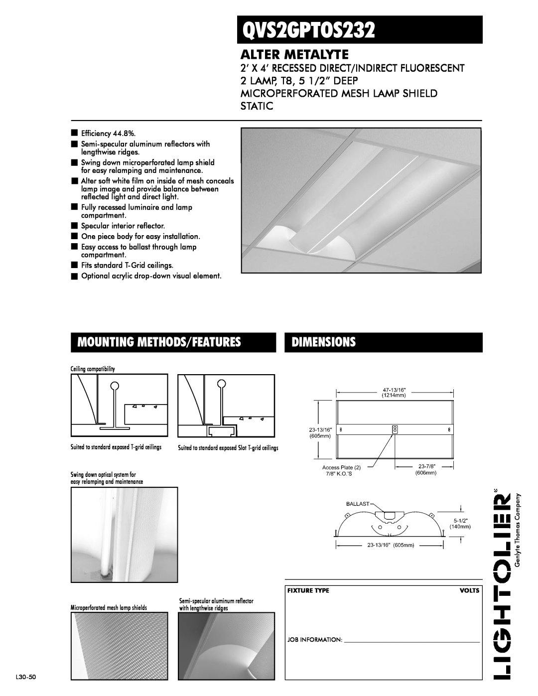 Lightolier QVS2GPTOS232 dimensions Alter Metalyte, Dimensions, Mounting Methods/Features 