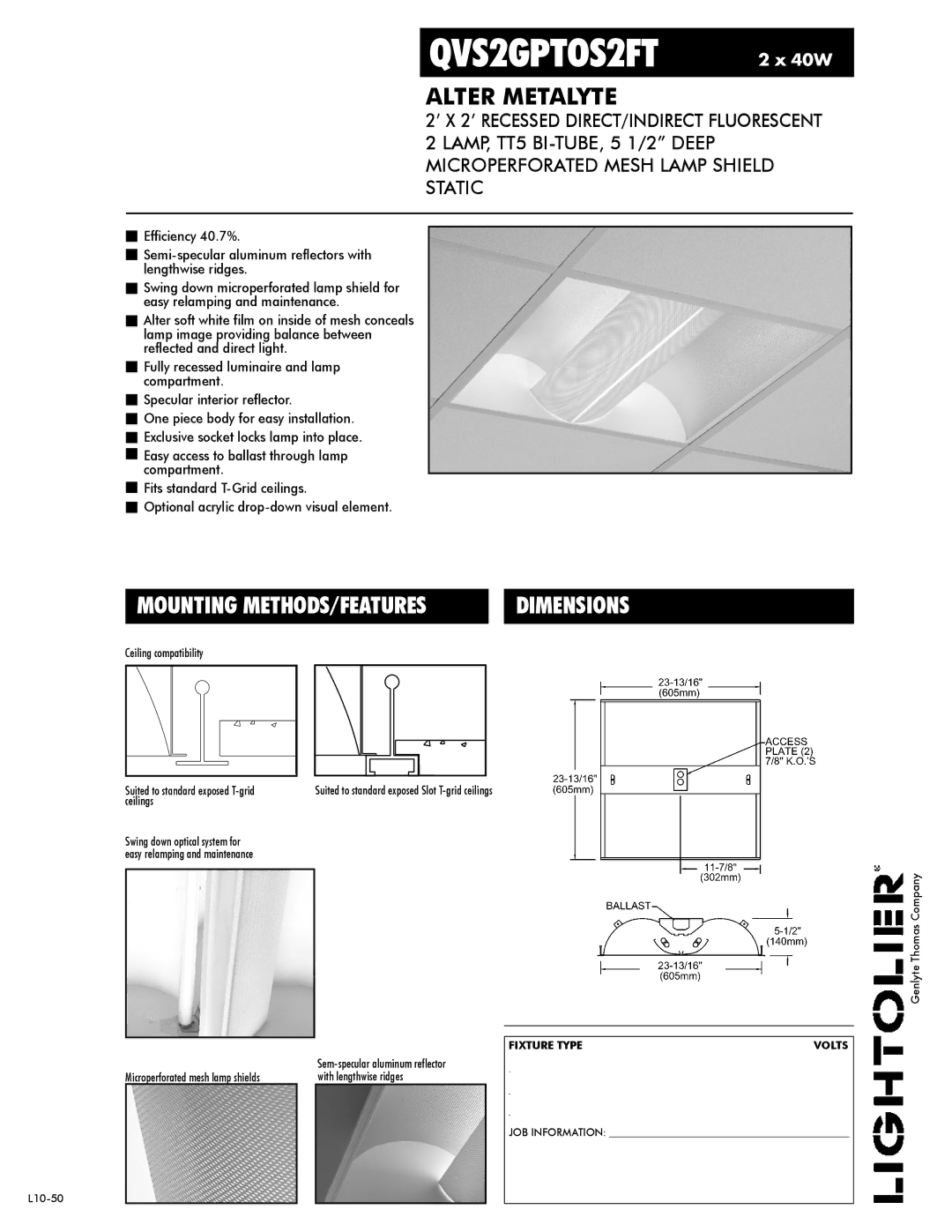 Lightolier QVS2GPTOS2FT dimensions Alter Metalyte, Dimensions, Ceiling compatibility 