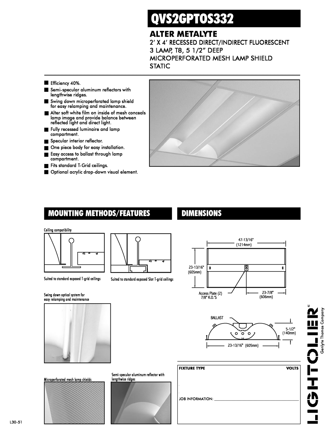 Lightolier QVS2GPTOS332 dimensions Alter Metalyte, Dimensions, Mounting Methods/Features 