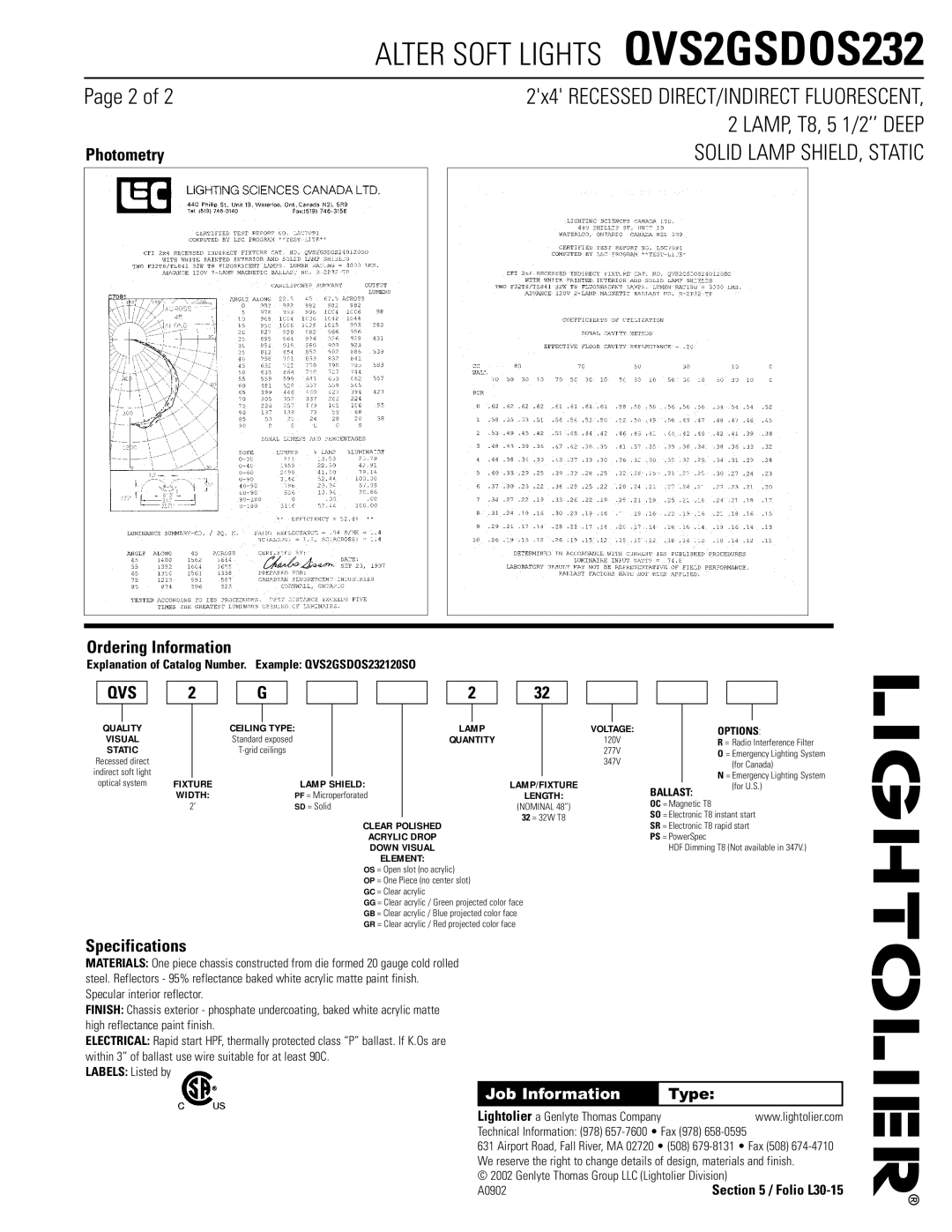 Lightolier QVS2GSDOS232 dimensions Photometry, Ordering Information, Specifications 