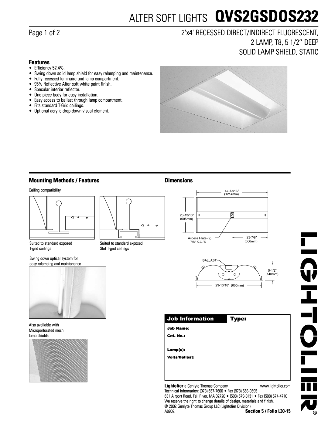 Lightolier dimensions ALTER SOFT LIGHTS QVS2GSDOS232, Page 1 of, LAMP, T8, 5 1/2’’ DEEP, Solid Lamp Shield, Static 