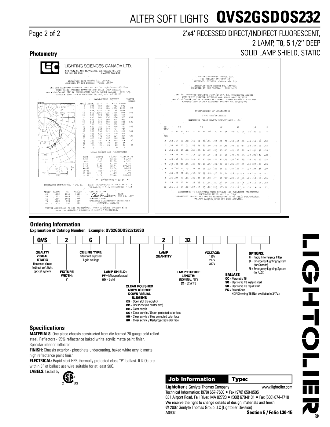 Lightolier Page 2 of, Photometry, Ordering Information, Specifications, ALTER SOFT LIGHTS QVS2GSDOS232, Job Information 
