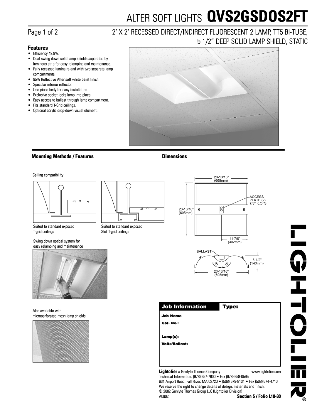 Lightolier dimensions ALTER SOFT LIGHTS QVS2GSDOS2FT, Page 1 of, 5 1/2” DEEP SOLID LAMP SHIELD, STATIC, Features, Type 