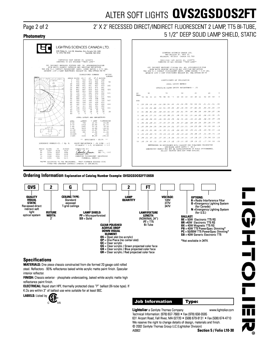 Lightolier dimensions Page 2 of, Photometry, Specifications, Type, ALTER SOFT LIGHTS QVS2GSDOS2FT, Job Information 