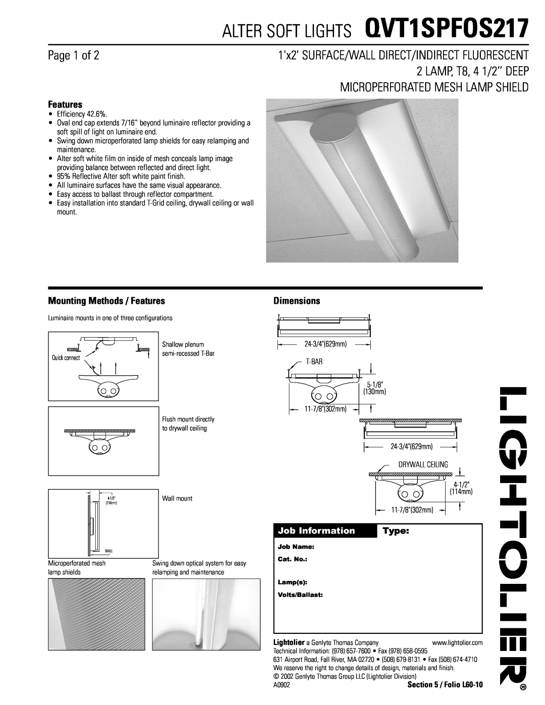 Lightolier dimensions ALTER SOFT LIGHTS QVT1SPFOS217, Page 1 of, LAMP, T8, 4 1/2’’ DEEP, Job Information, Type 