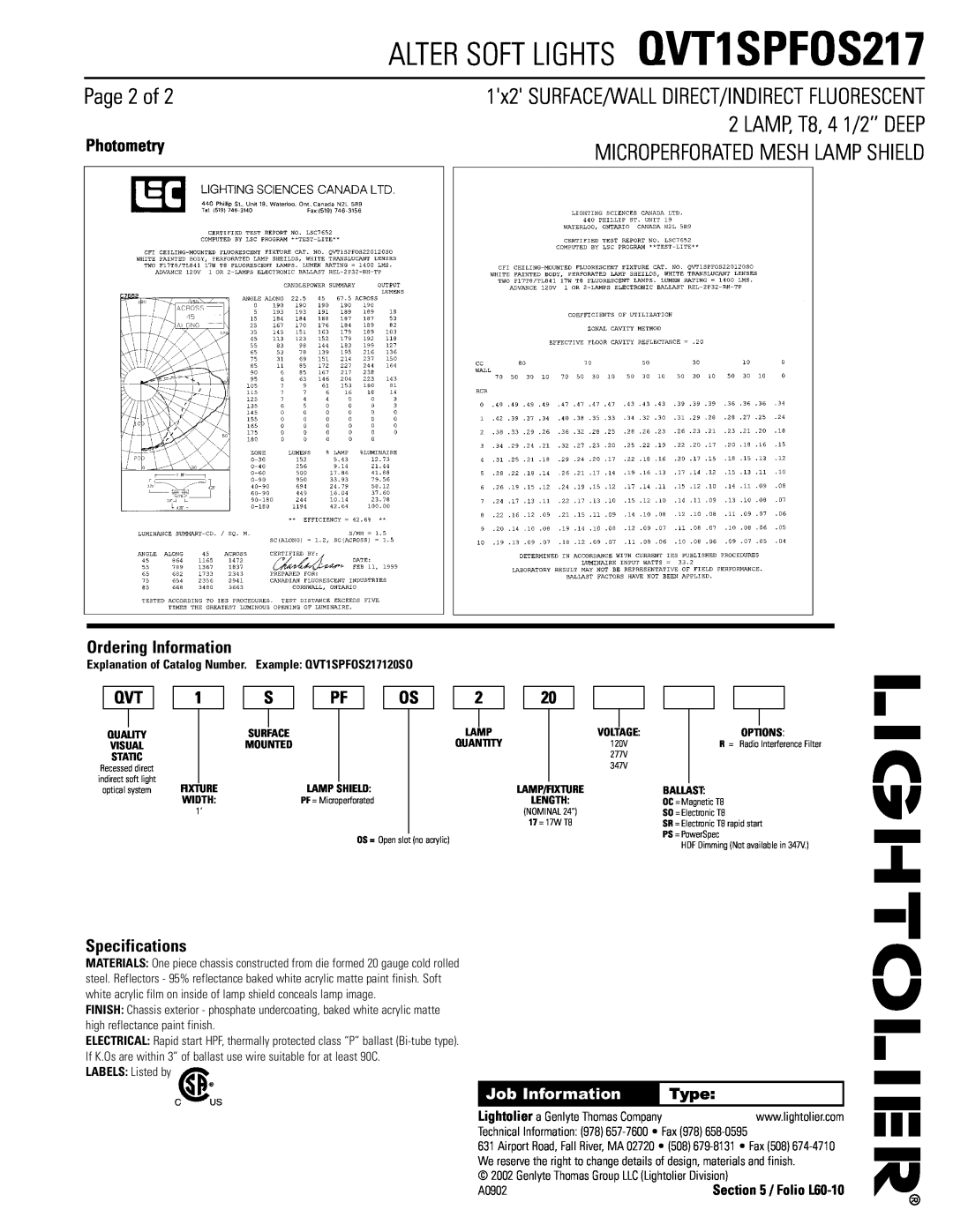 Lightolier Page 2 of, ALTER SOFT LIGHTS QVT1SPFOS217, LAMP, T8, 4 1/2’’ DEEP, Photometry, Ordering Information 