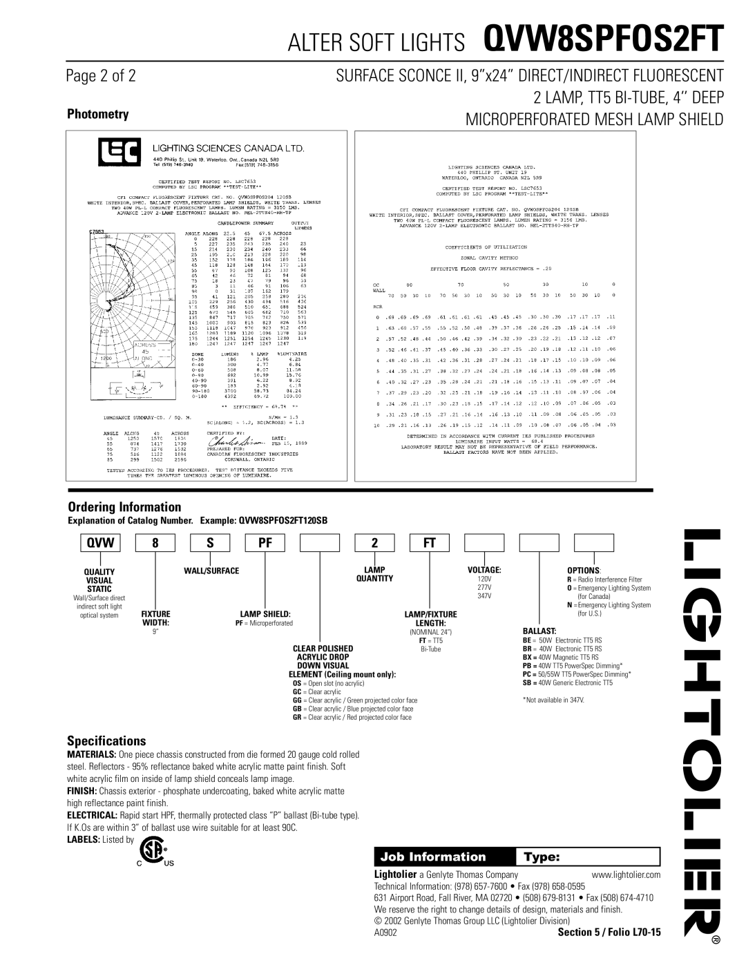 Lightolier QVW8SPFOS2FT dimensions Photometry, Ordering Information, Specifications, Job Information 