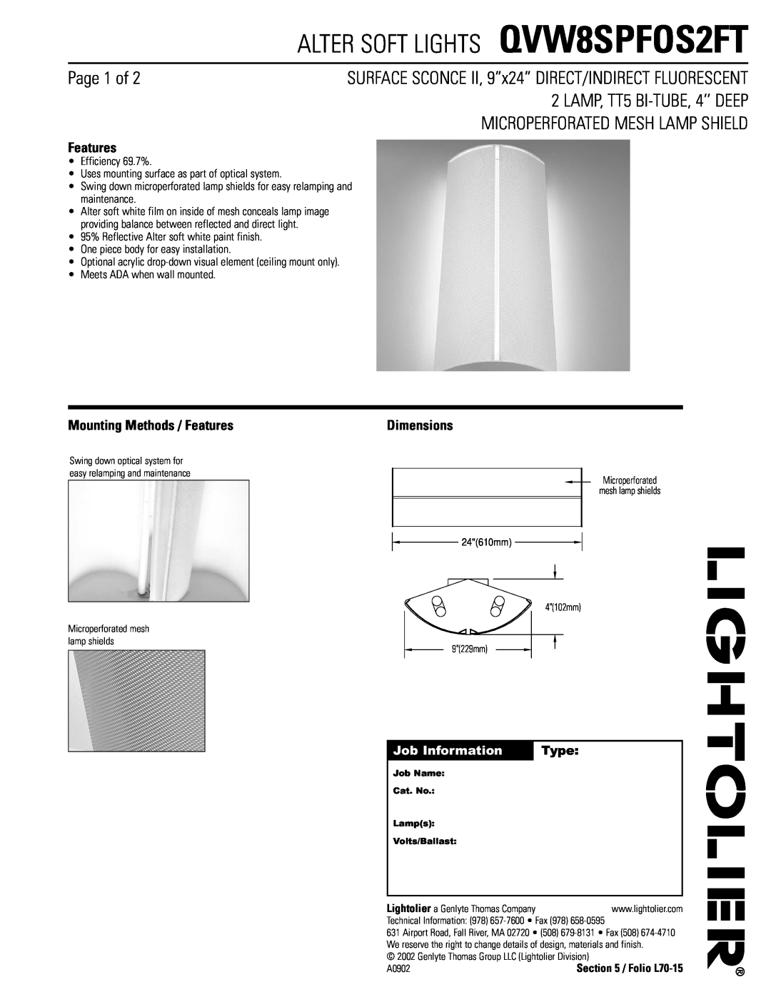 Lightolier dimensions ALTER SOFT LIGHTS QVW8SPFOS2FT, Page 1 of, LAMP, TT5 BI-TUBE,4’’ DEEP, Features, Job Information 