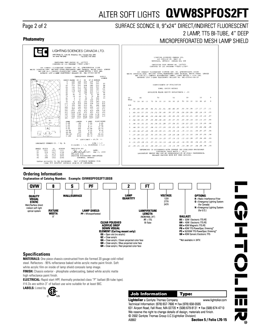 Lightolier QVW8SPFOS2FT Page 2 of, Photometry, Ordering Information, Specifications, LABELS Listed by, Quality, Lamp, Type 