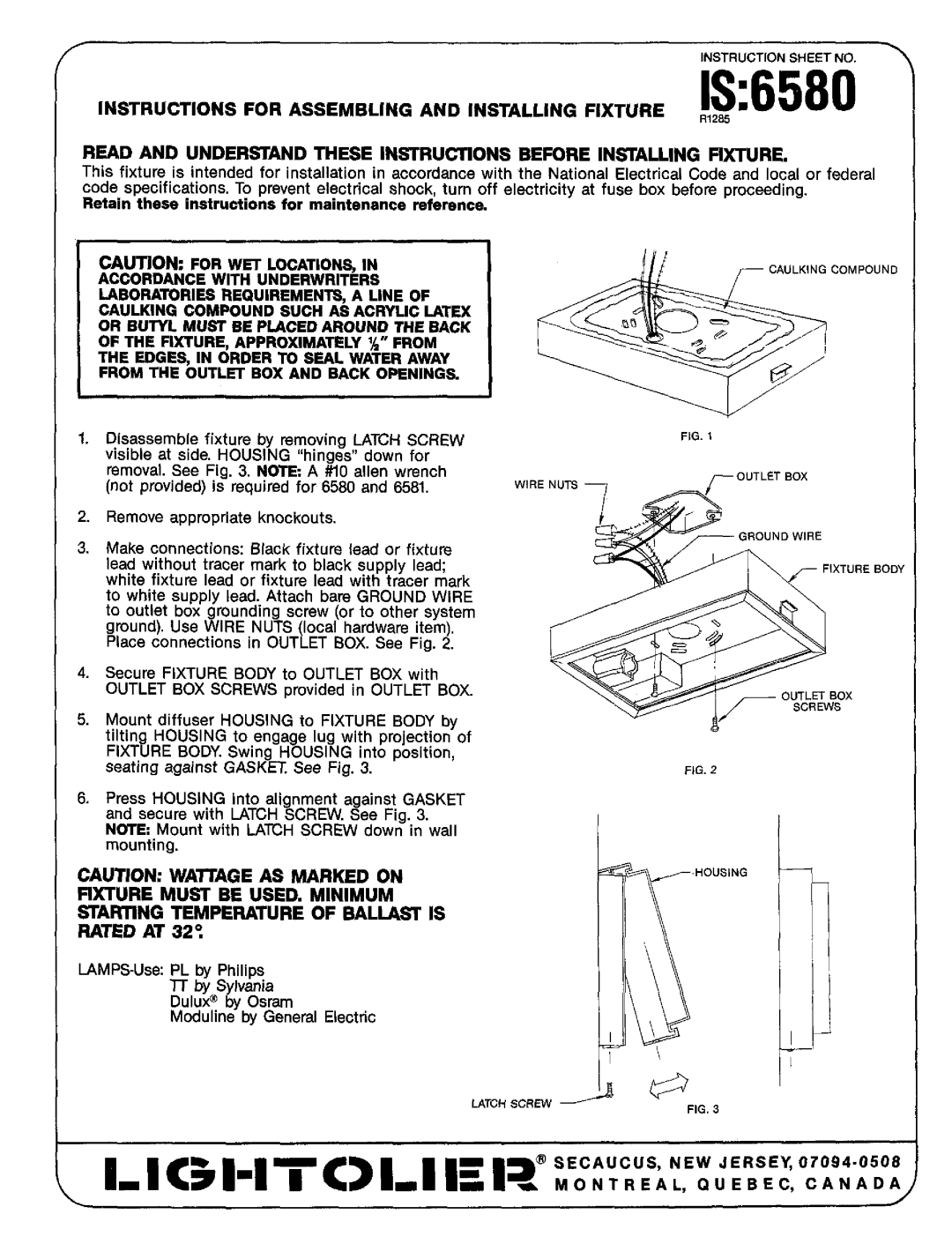 Lightolier R1285 instruction sheet ~~-y,d,l~ 