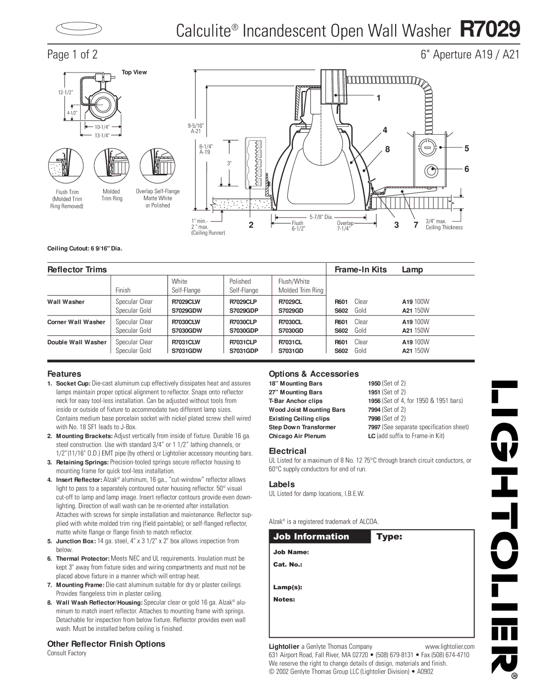 Lightolier R7029 specifications Frame-In Kits Lamp, Features, Other Reflector Finish Options, Options & Accessories 