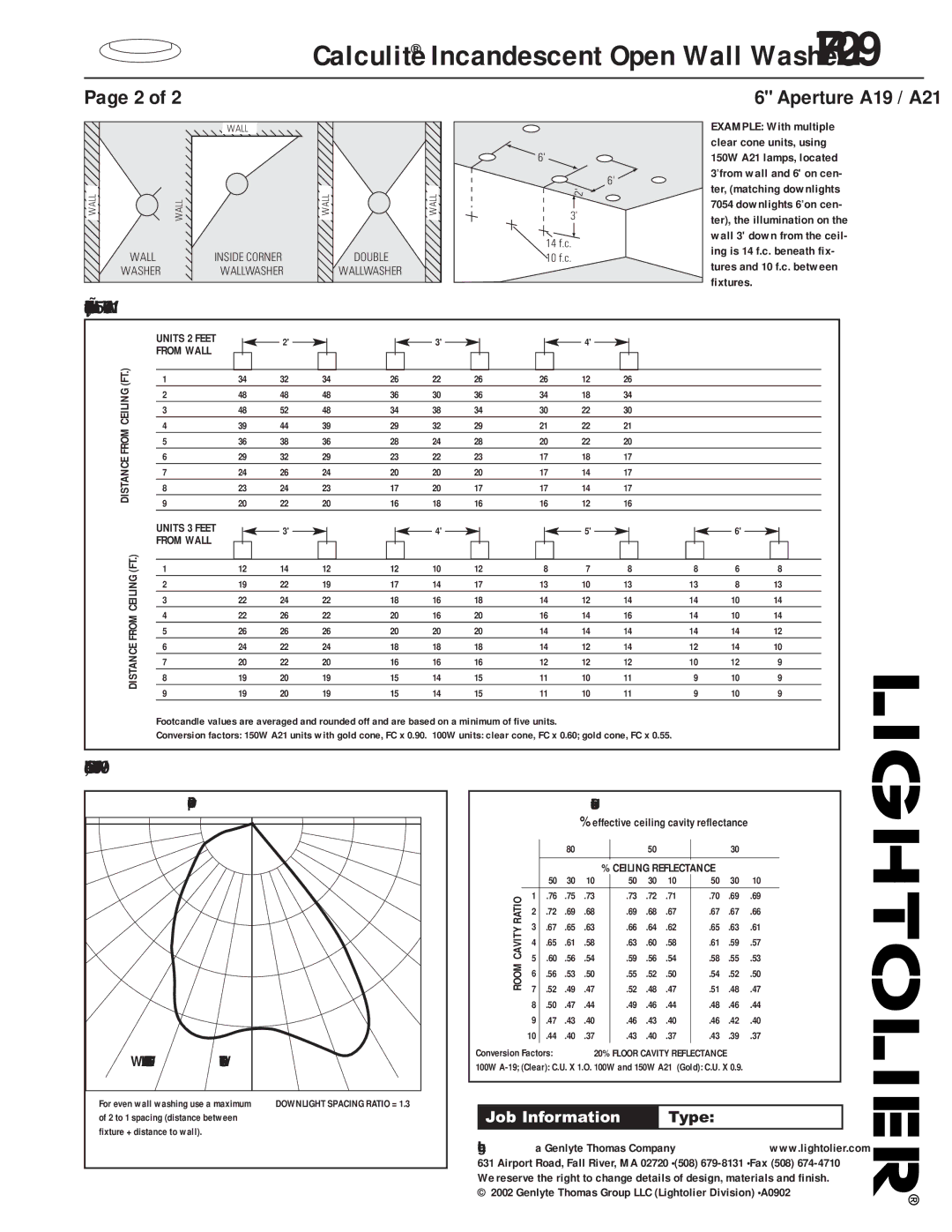 Lightolier R7029 specifications Footcandles on wall from multiple units clear cone, 150W A21, Clear cone, 100W A19 