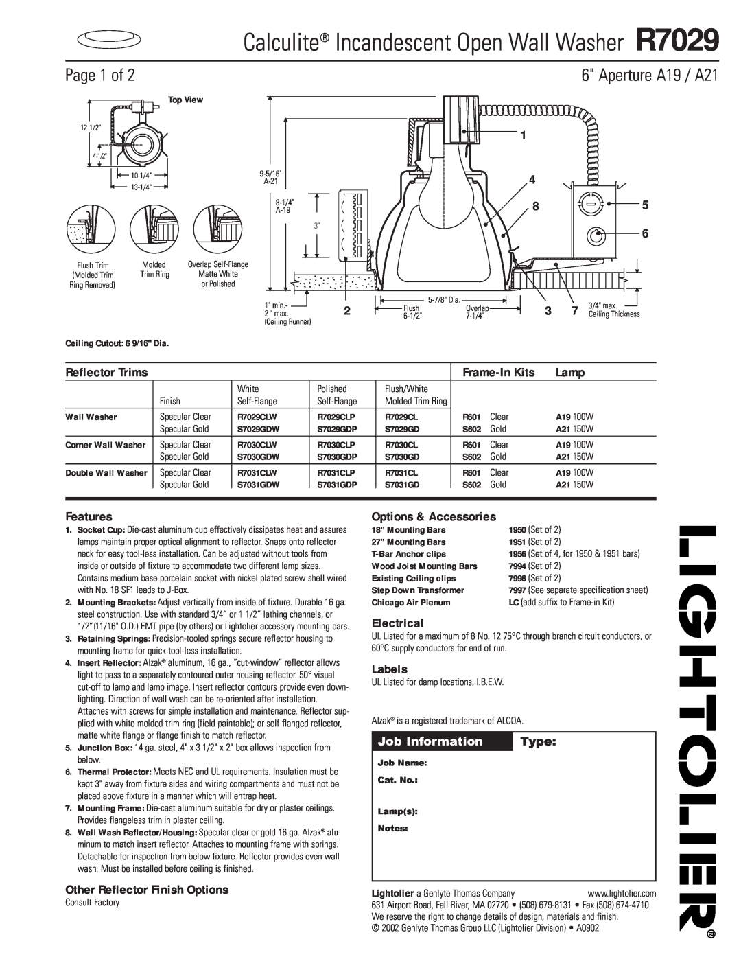 Lightolier R7029 specifications Page 1 of, Aperture A19 / A21, Frame-InKits, Lamp, Features, Options & Accessories, Labels 