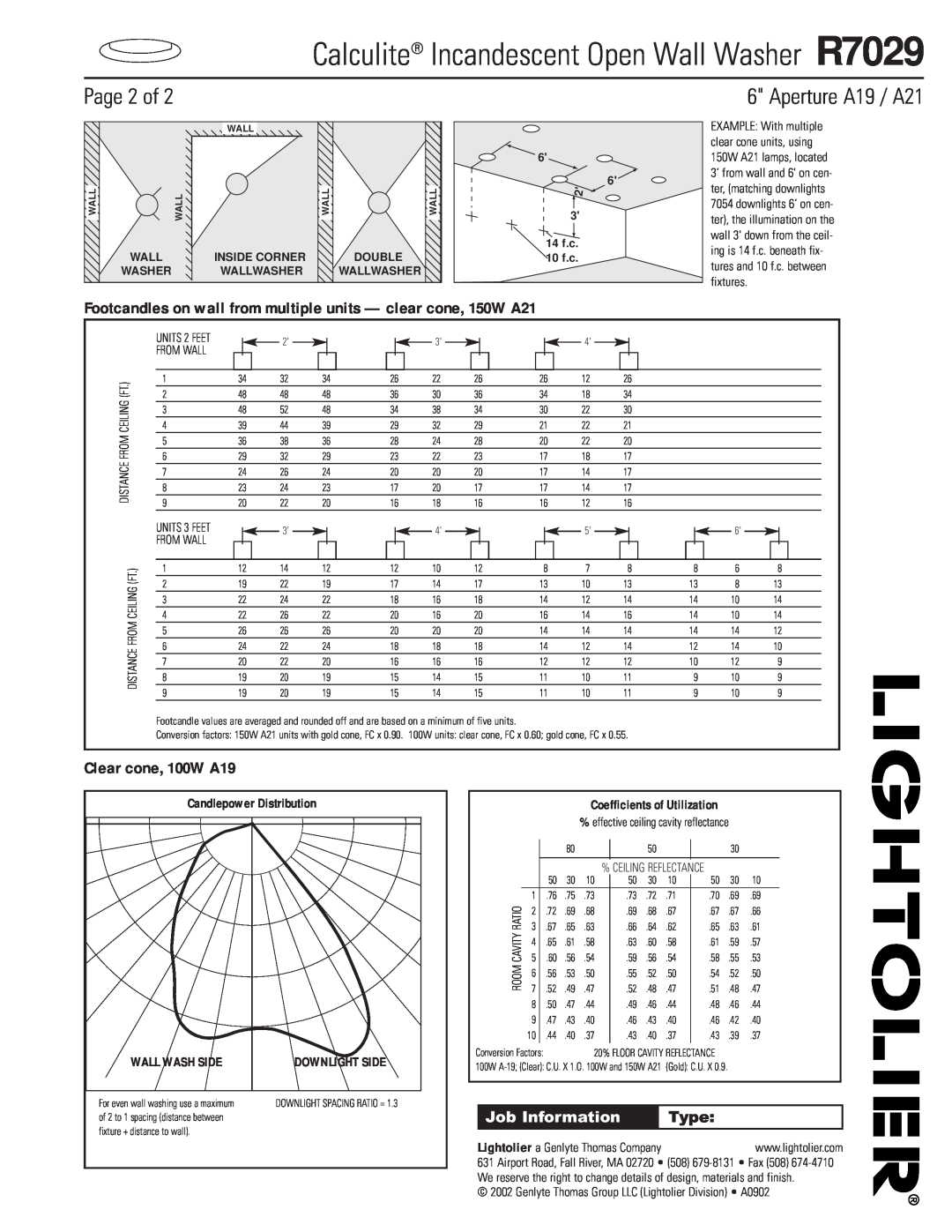Lightolier Page 2 of, Clear cone, 100W A19, Calculite Incandescent Open Wall Washer R7029, Aperture A19 / A21, Type 