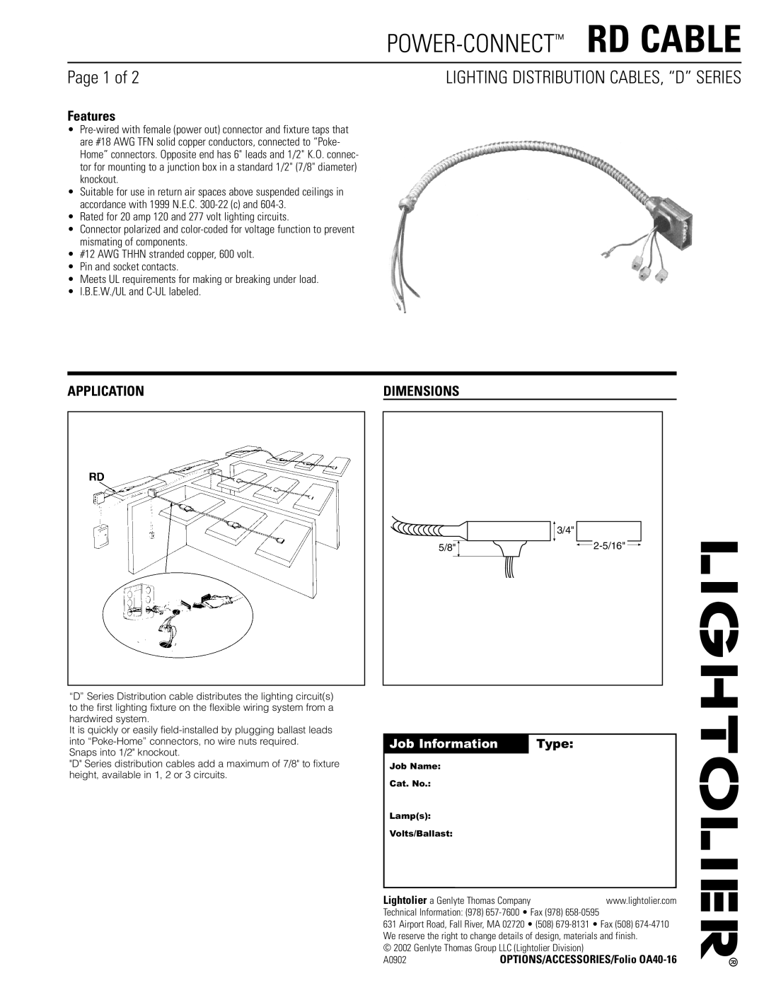 Lightolier RD Cable dimensions Application Dimensions, Job Information Type 