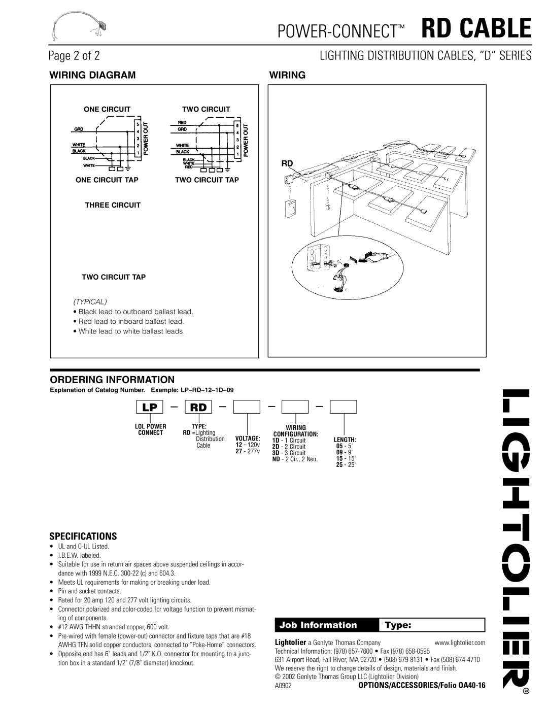 Lightolier RD Cable dimensions Wiring Diagram, Ordering Information, Specifications, Job Information 