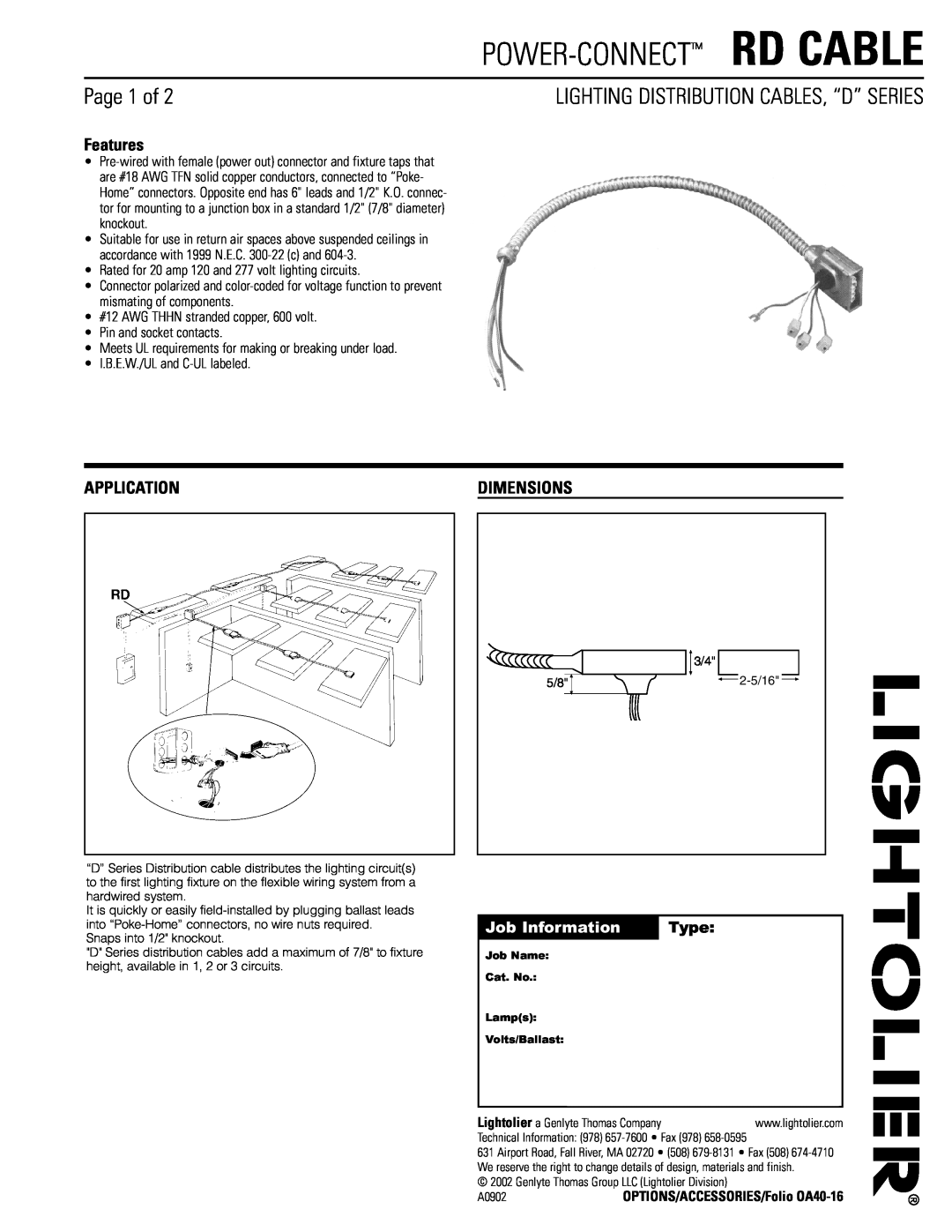 Lightolier RD Cable dimensions Page 1 of, Features, Application, Dimensions, Job Information, Type, Power-Connect Rd Cable 