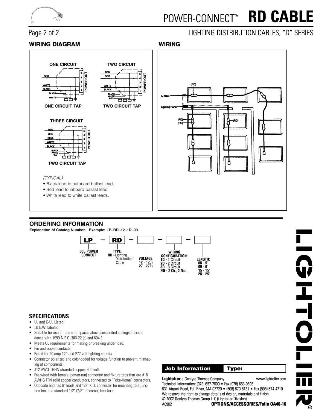 Lightolier RD Cable Page 2 of, Specifications, Power-Connect Rd Cable, Lighting Distribution Cables, “D” Series, Wiring 