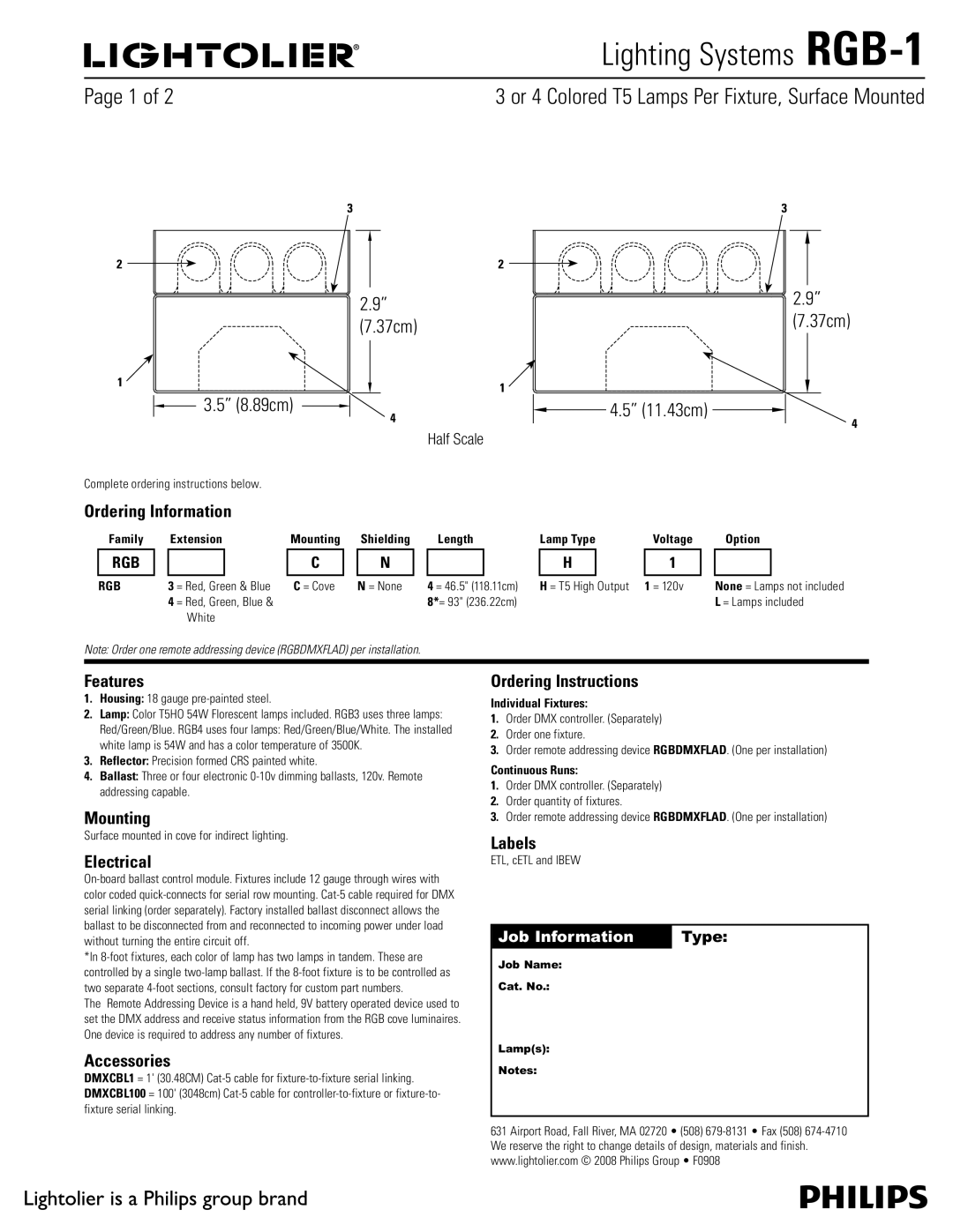 Lightolier RGB-1 manual Ordering Information, Features, Mounting, Electrical, Accessories, Ordering Instructions, Labels 