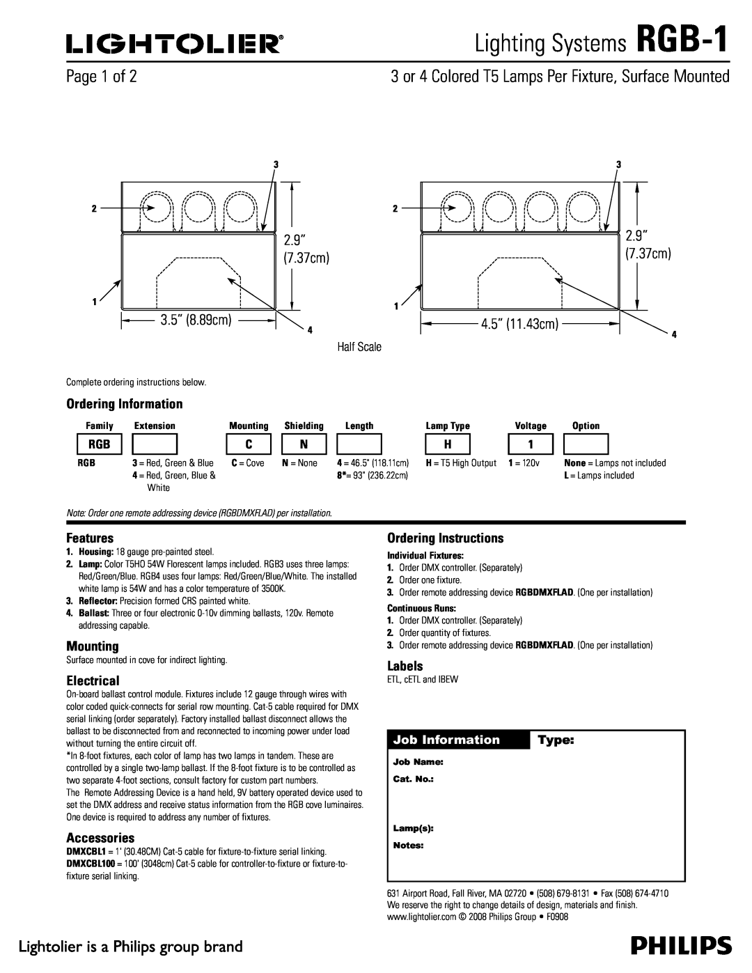 Lightolier manual 1BHFPG, Job Information, Type, Lighting Systems RGB-1, 3.5” 8.89cm, 4.5” 11.43cm, Features 
