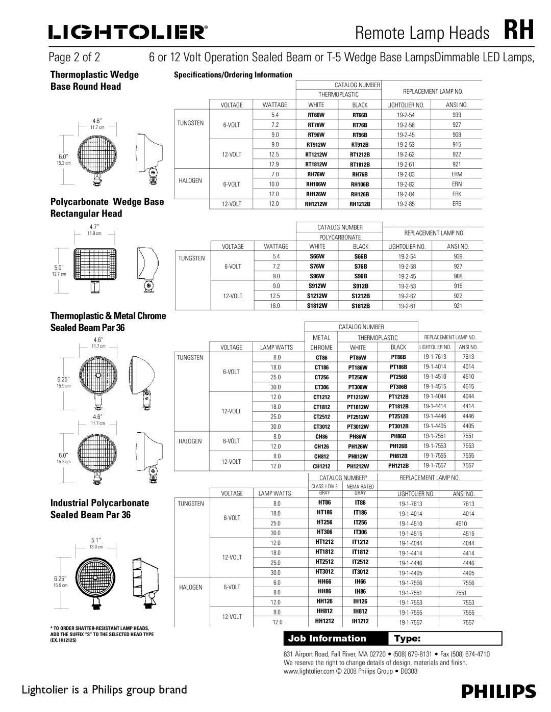 Lightolier RH manual Base Round Head, Rectangular Head, PH1212B 