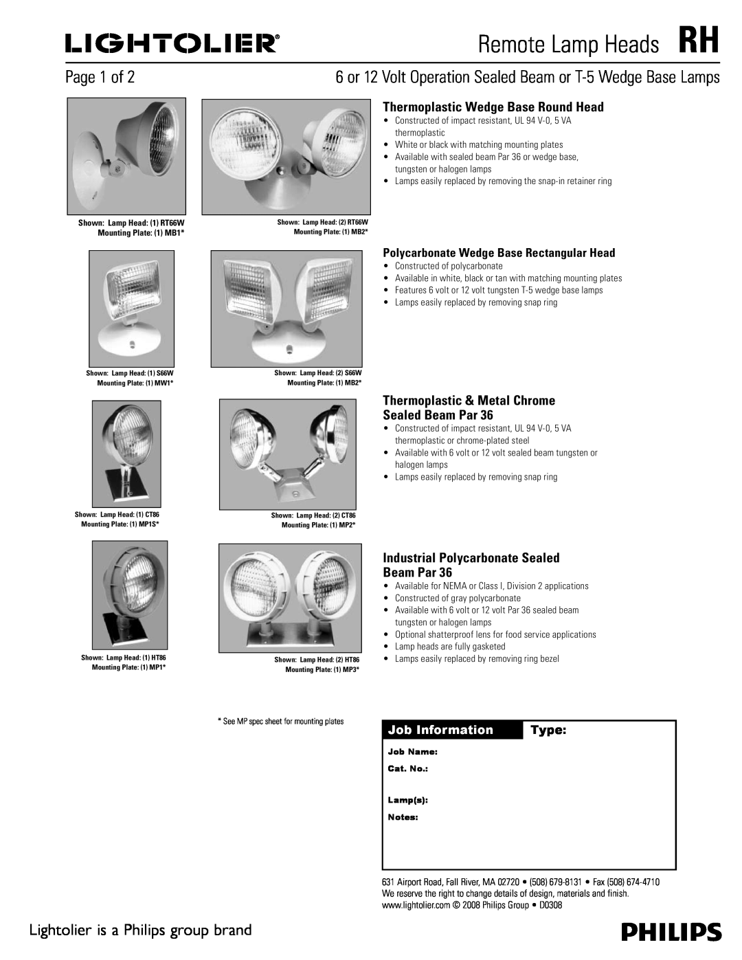 Lightolier RH manual Page 1 of, Lightolier is a Philips group brand, Thermoplastic Wedge Base Round Head, Job Information 