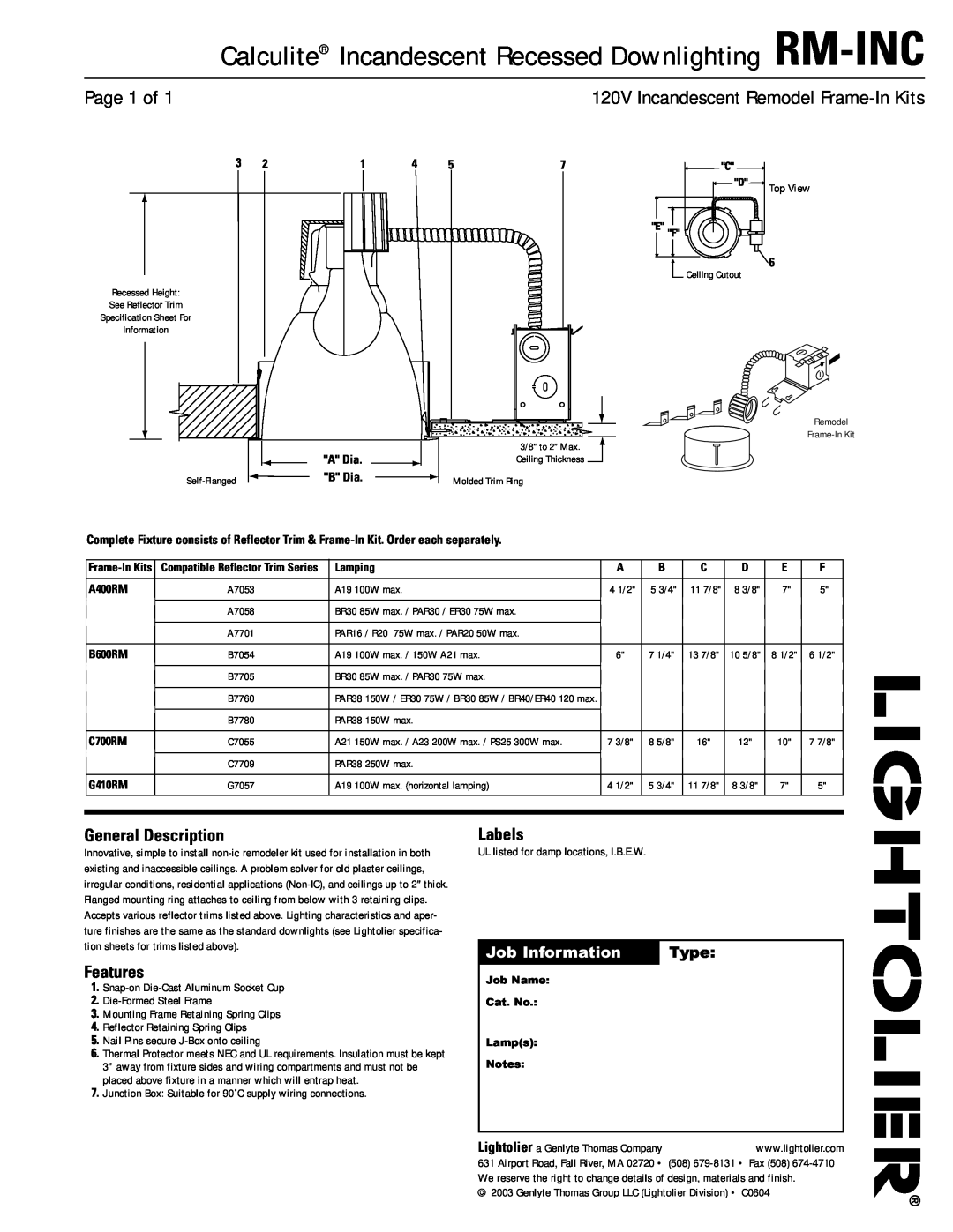 Lightolier RM-INC specifications Page 1 of, 120V Incandescent Remodel Frame-InKits, General Description, Features, Labels 