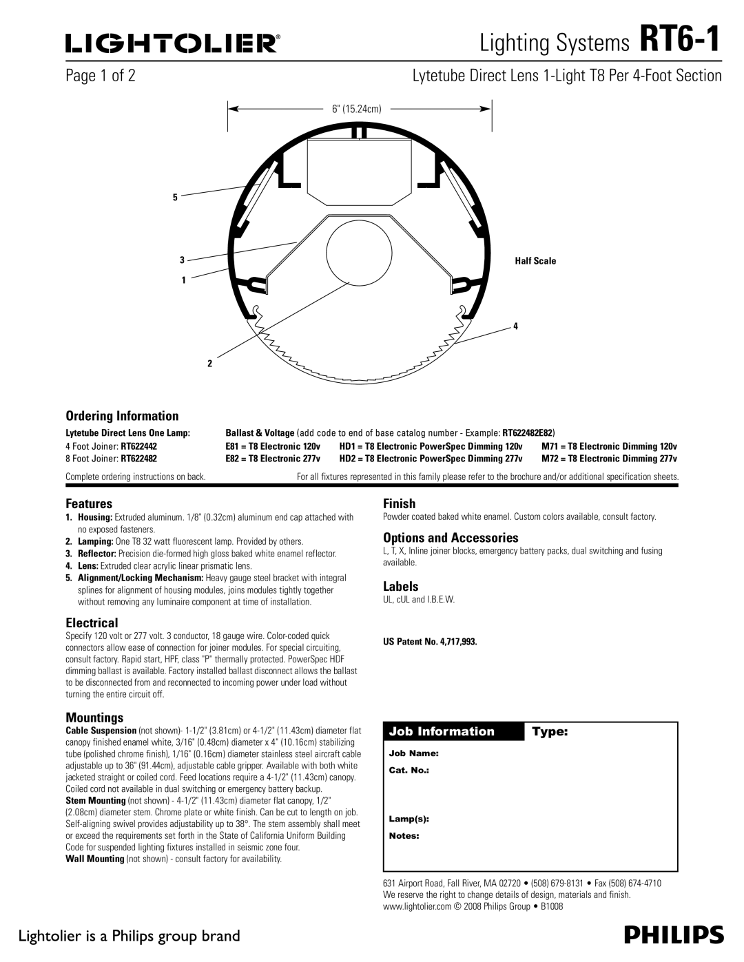 Lightolier RT6-1 brochure Ordering Information, Features, Electrical, Finish, Options and Accessories, Labels, Mountings 