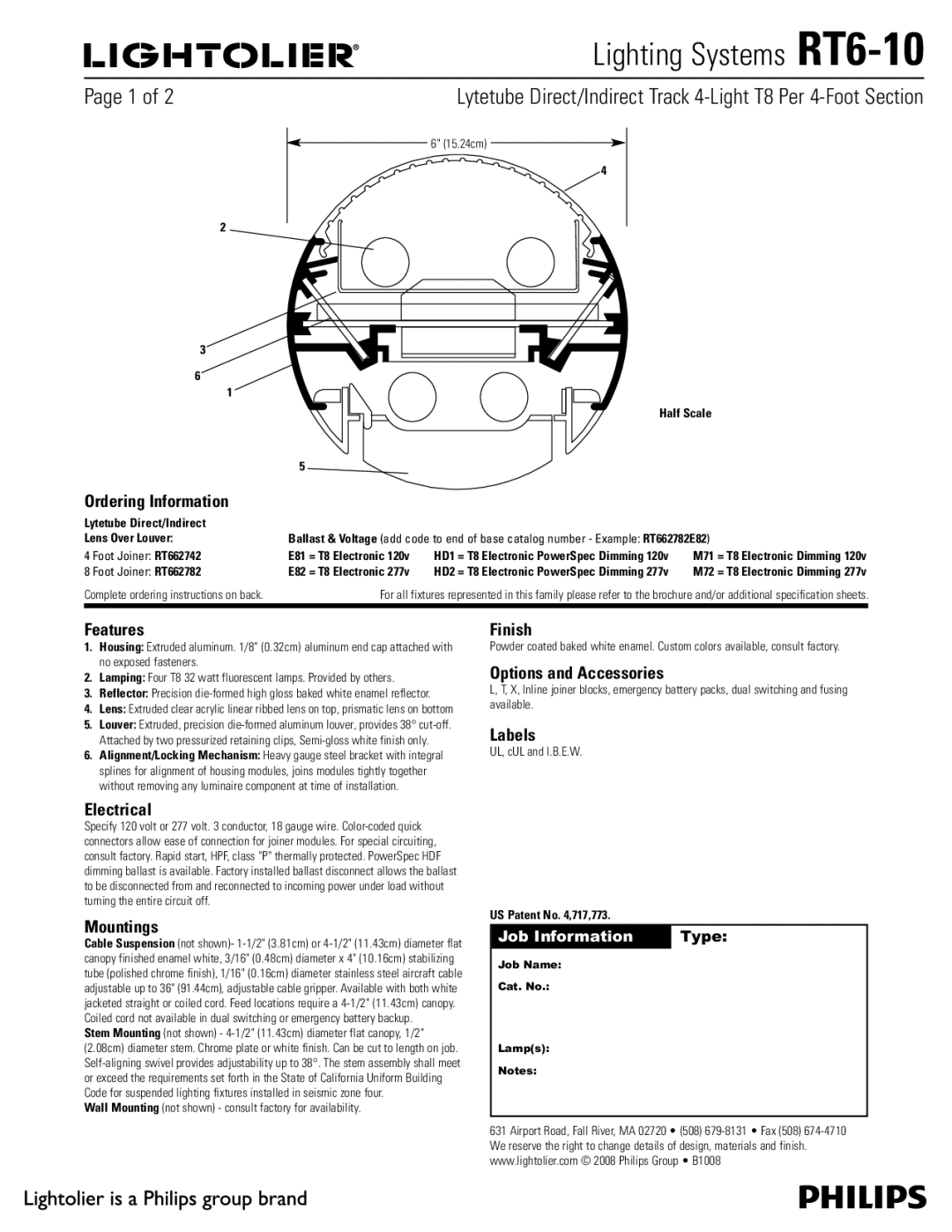 Lightolier RT6-10 brochure Ordering Information, Features, Electrical, Mountings, Finish, Options and Accessories, Labels 