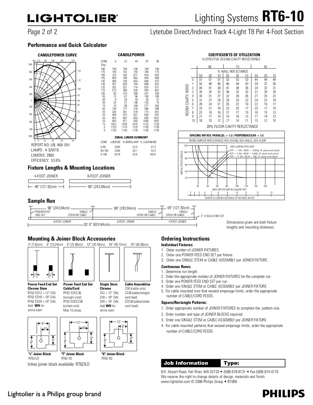 Lightolier RT6-10 brochure Performance and Quick Calculator, Fixture Lengths & Mounting Locations, Sample Run 