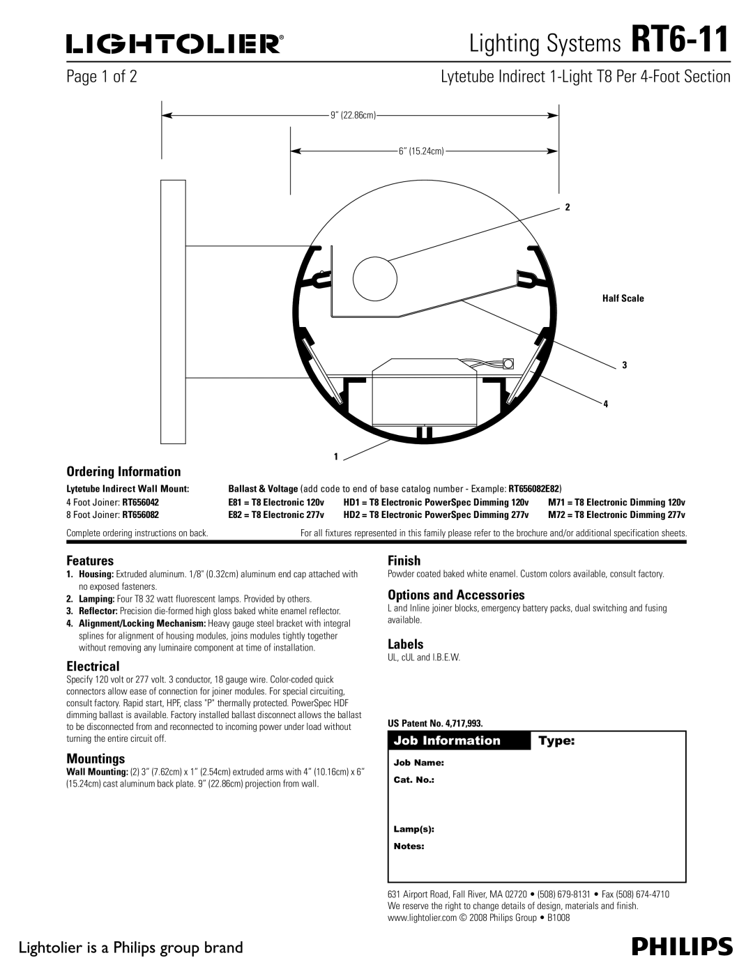 Lightolier RT6-11 brochure Ordering Information, Features, Electrical, Mountings, Finish, Options and Accessories, Labels 