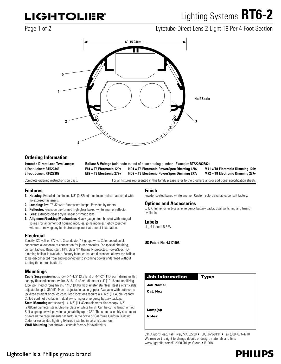 Lightolier RT6-2 brochure Ordering Information, Features, Electrical, Finish, Options and Accessories, Labels, Mountings 