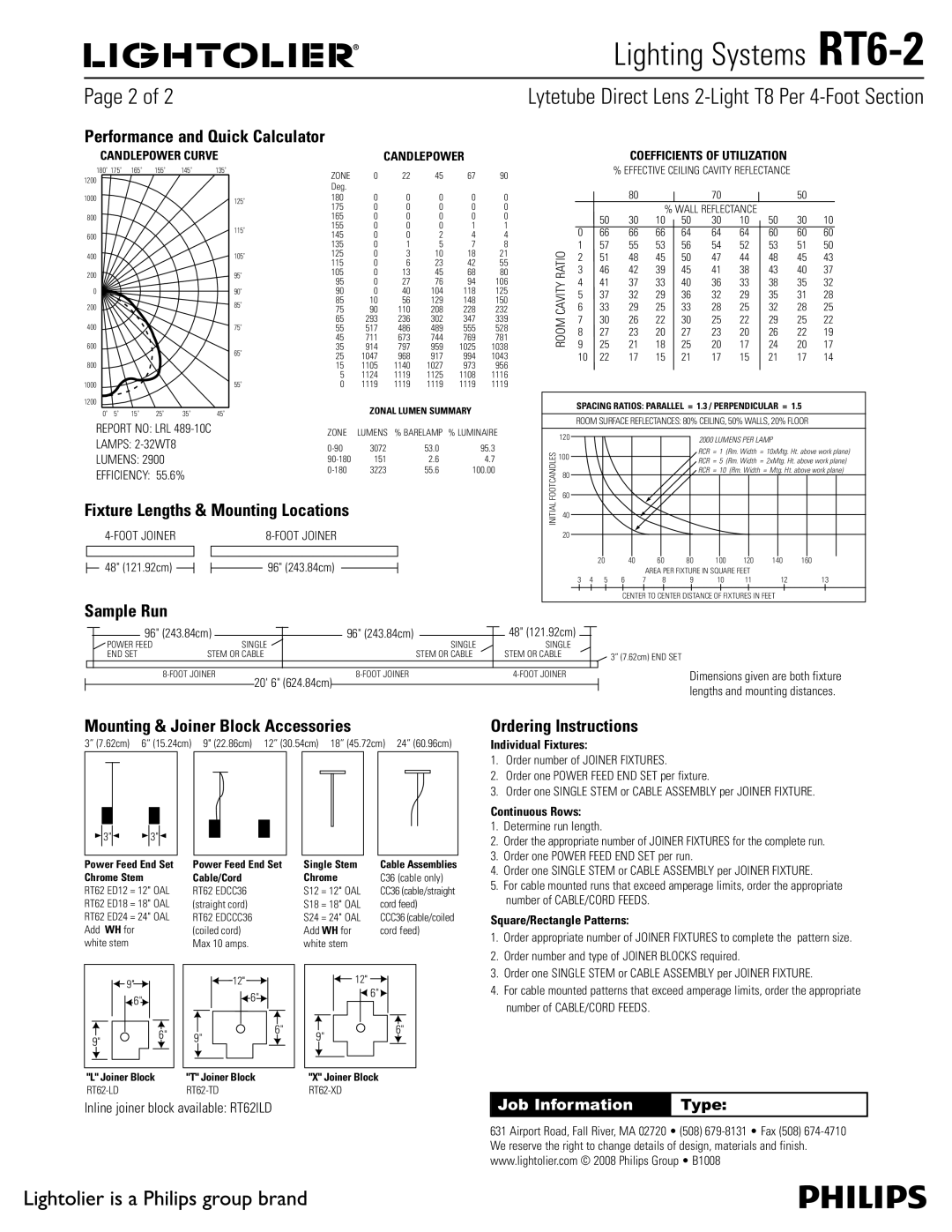 Lightolier RT6-2 brochure Fixture Lengths & Mounting Locations, Sample Run, Mounting & Joiner Block Accessories 