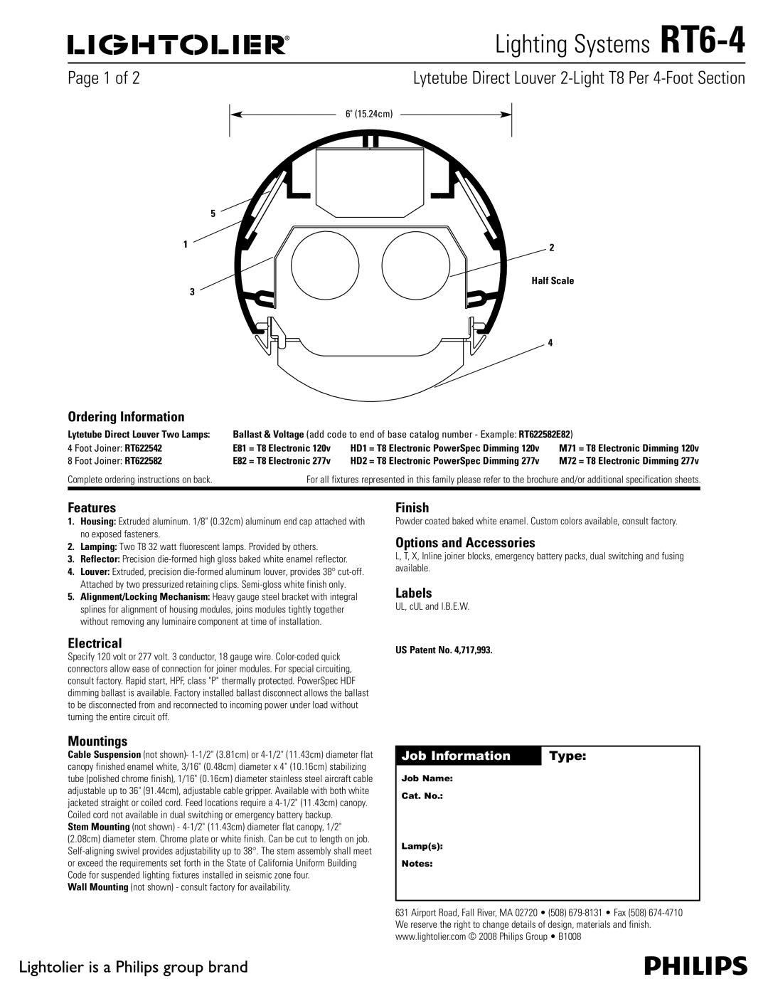 Lightolier RT6-4 brochure Ordering Information, Features, Electrical, Finish, Options and Accessories, Labels, Mountings 