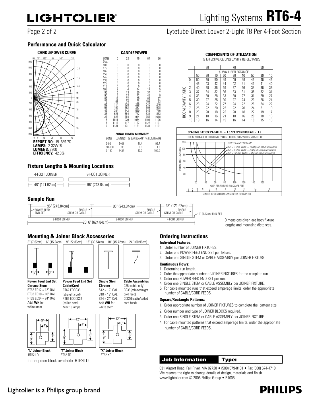 Lightolier RT6-4 Performance and Quick Calculator, Fixture Lengths & Mounting Locations, Sample Run, Ordering Instructions 