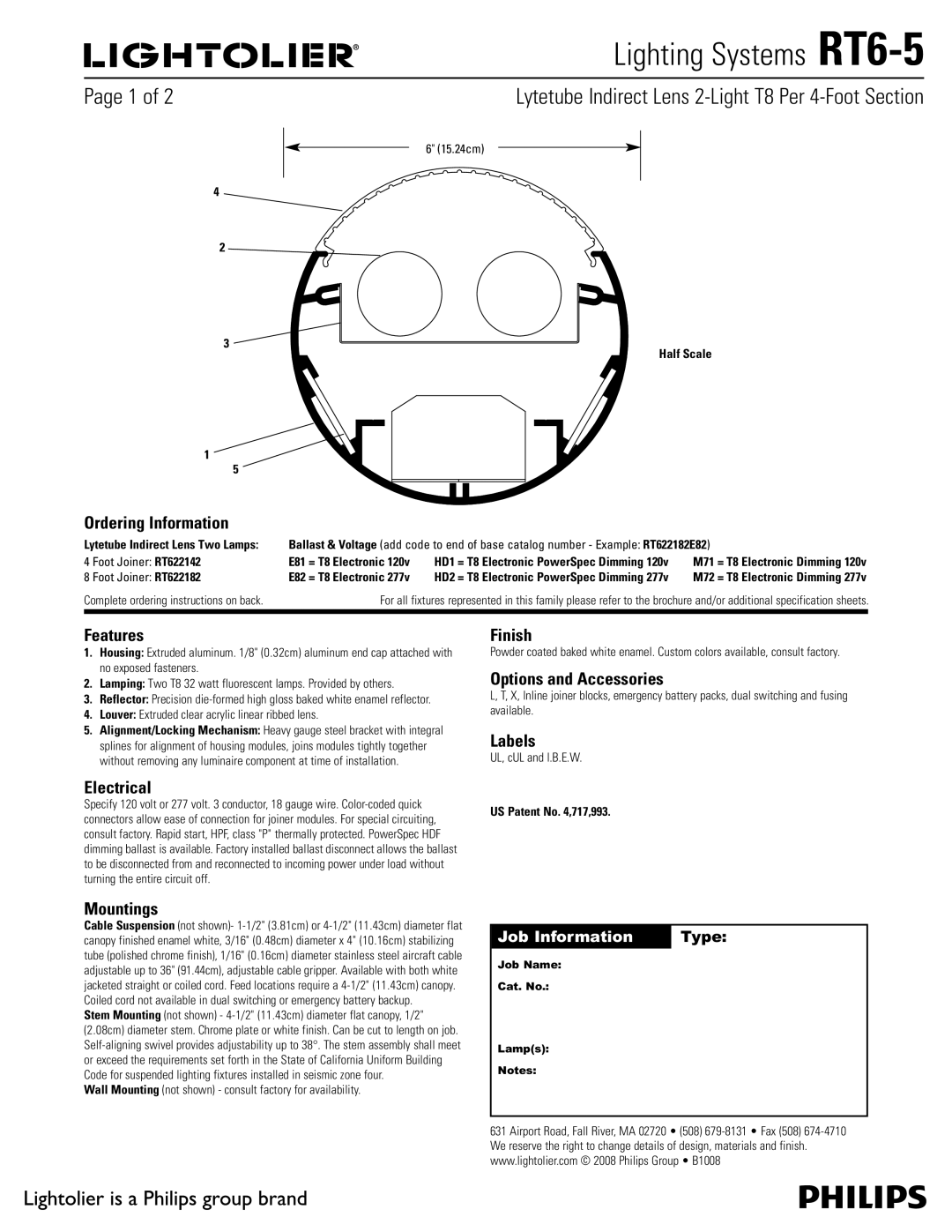 Lightolier RT6-5 brochure Ordering Information, Features, Electrical, Finish, Options and Accessories, Labels, Mountings 