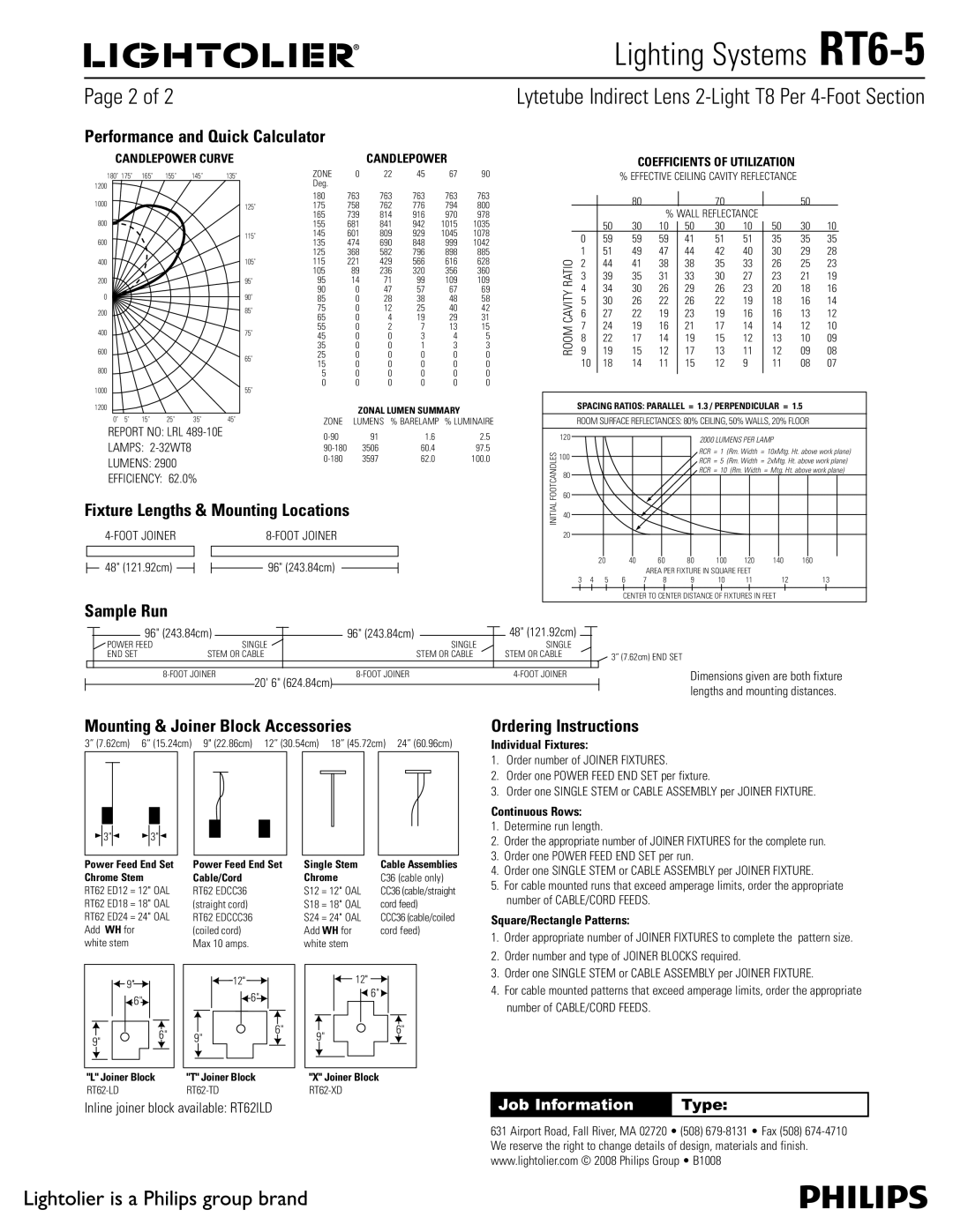 Lightolier RT6-5 Performance and Quick Calculator, Fixture Lengths & Mounting Locations, Sample Run, Ordering Instructions 