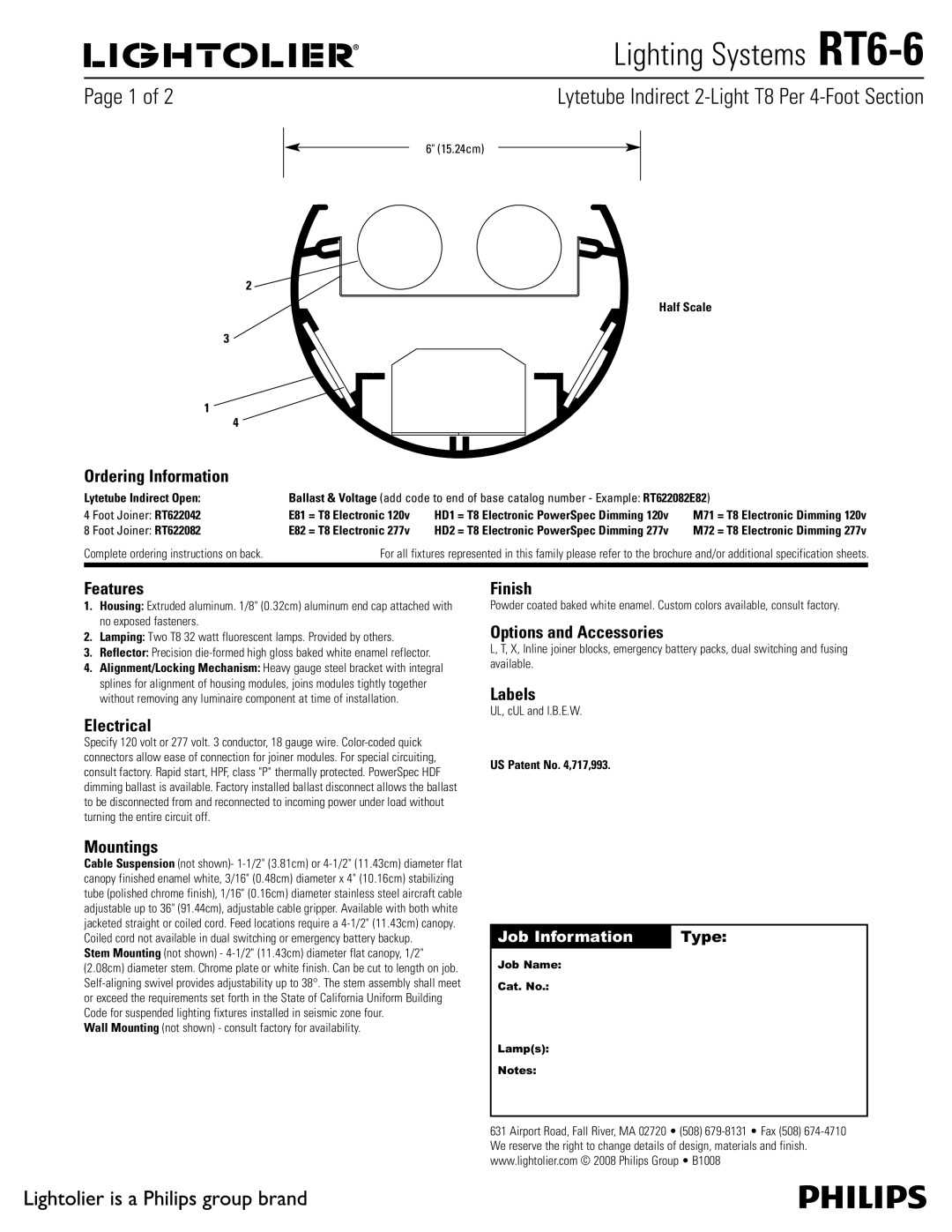 Lightolier RT6-6 brochure Ordering Information, Features, Electrical, Finish, Options and Accessories, Labels, Mountings 