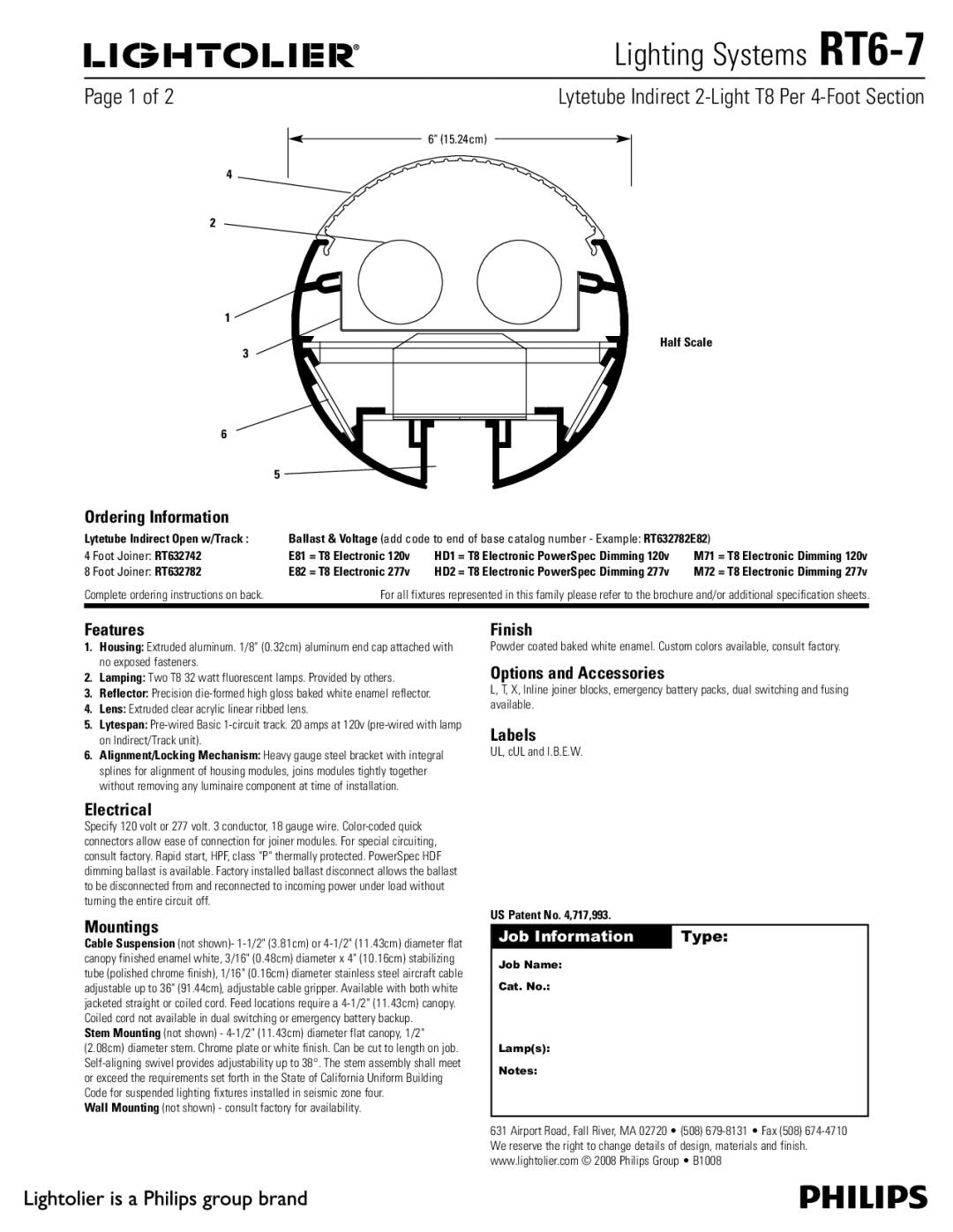 Lightolier RT6-7 brochure Ordering Information, Features, Electrical, Mountings, Finish, Options and Accessories, Labels 