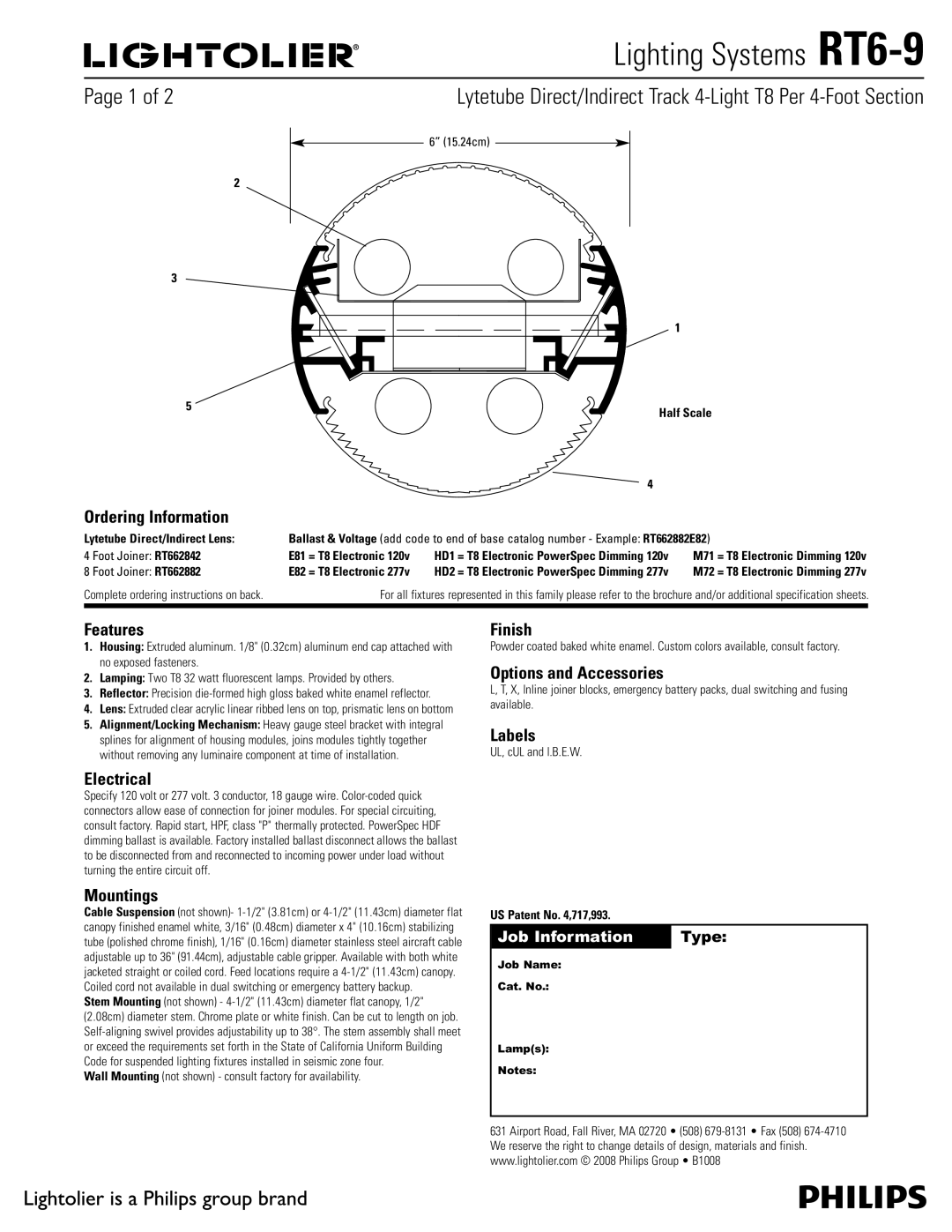 Lightolier RT6-9 brochure Ordering Information, Features, Electrical, Mountings, Finish, Options and Accessories, Labels 