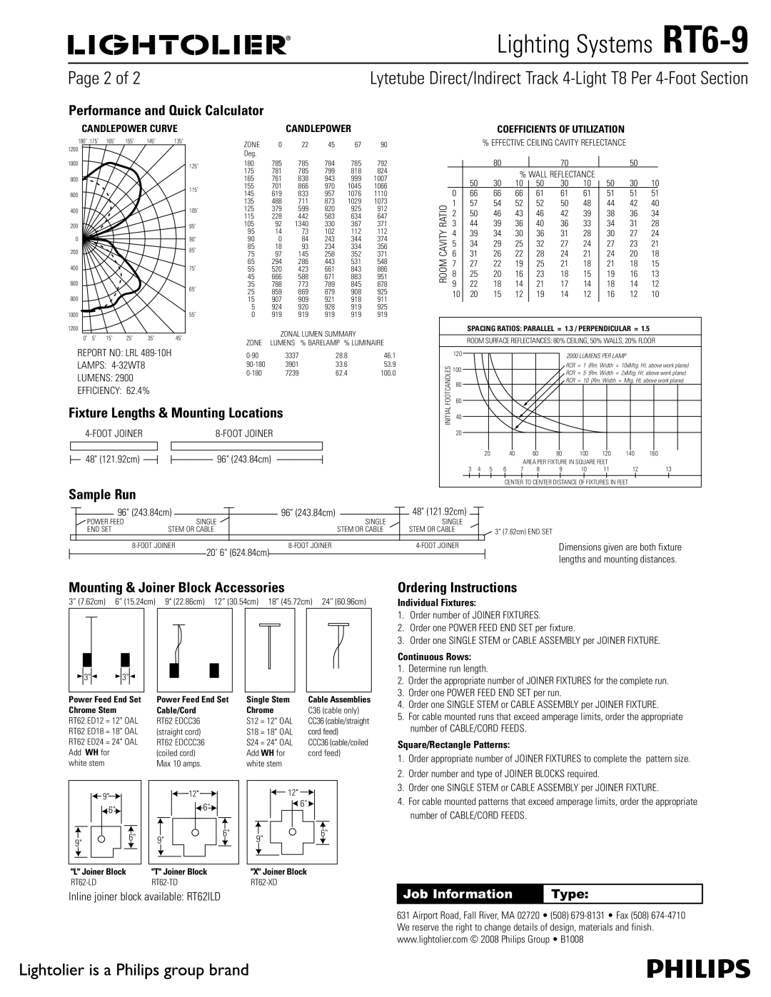 Lightolier RT6-9 Performance and Quick Calculator, Fixture Lengths & Mounting Locations, Sample Run, Ordering Instructions 