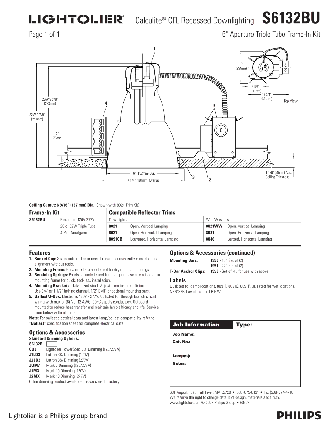 Lightolier S6132BU specifications Aperture Triple Tube Frame-In Kit, Compatible Reflector Trims, Features, Labels 